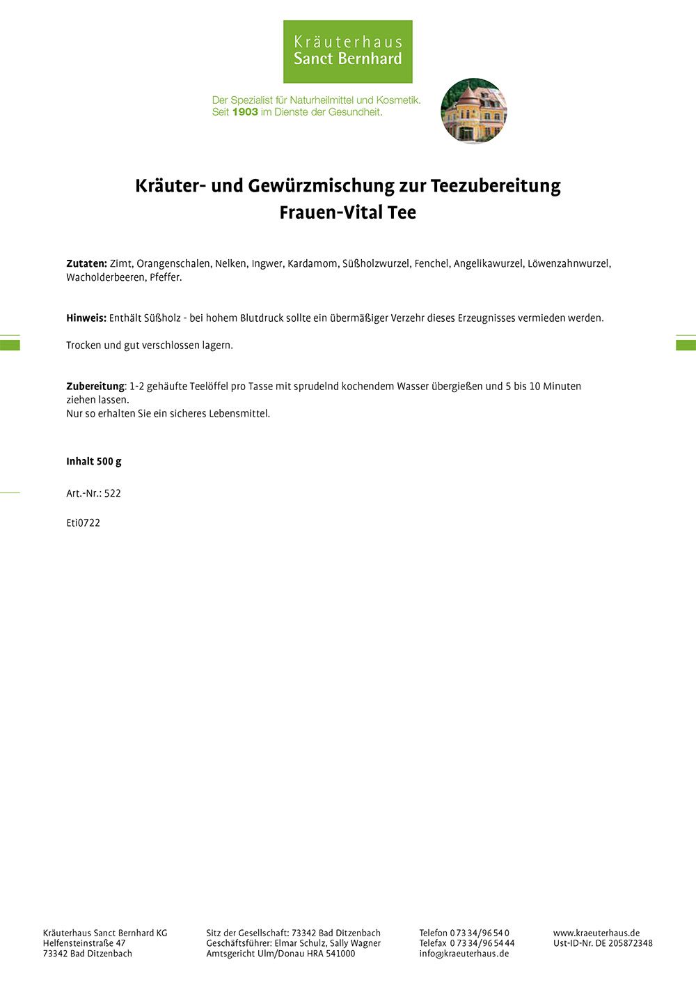 Sanct Bernhard Frauen-Vital-Tee