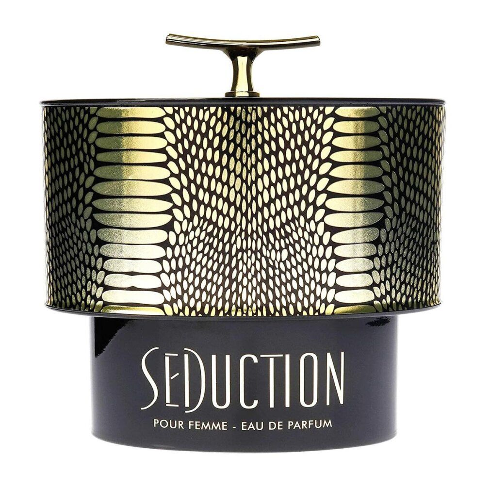 Parfümflakon mit goldfarbenem Deckel und Schlangenmuster. Schwarzer Sockel mit "Seduction"-Schriftzug. Eau de Parfum.