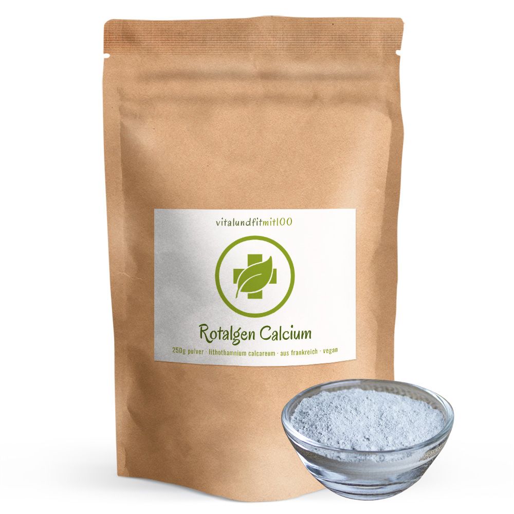 Beutel mit Rotalgen Calcium Pulver und Schale mit Pulver. Braune Papierverpackung und Glasschale.