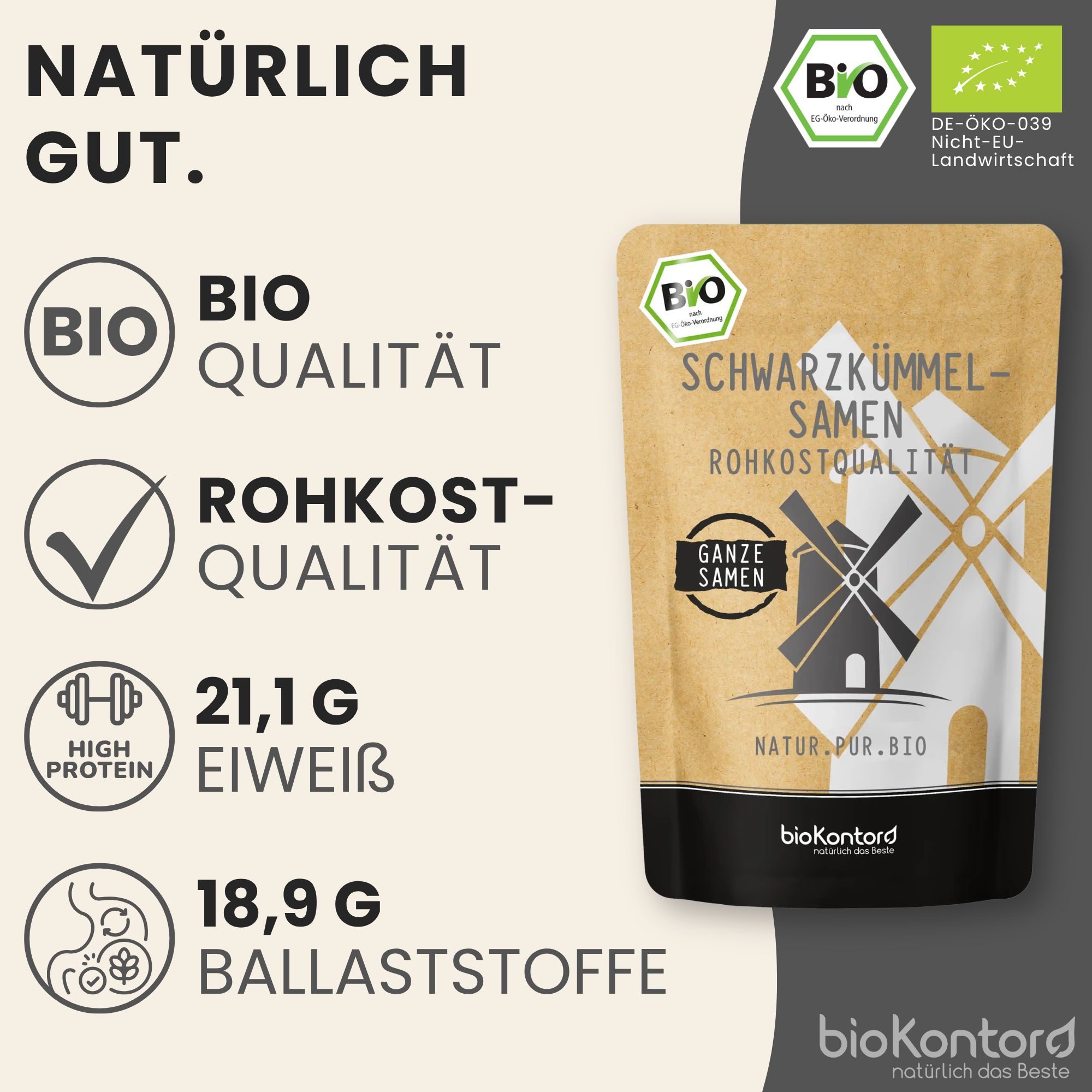 Schwarzkümmelsamen-Verpackung mit Windmühlen-Symbol, Bio-Siegel und Nährwertangaben.