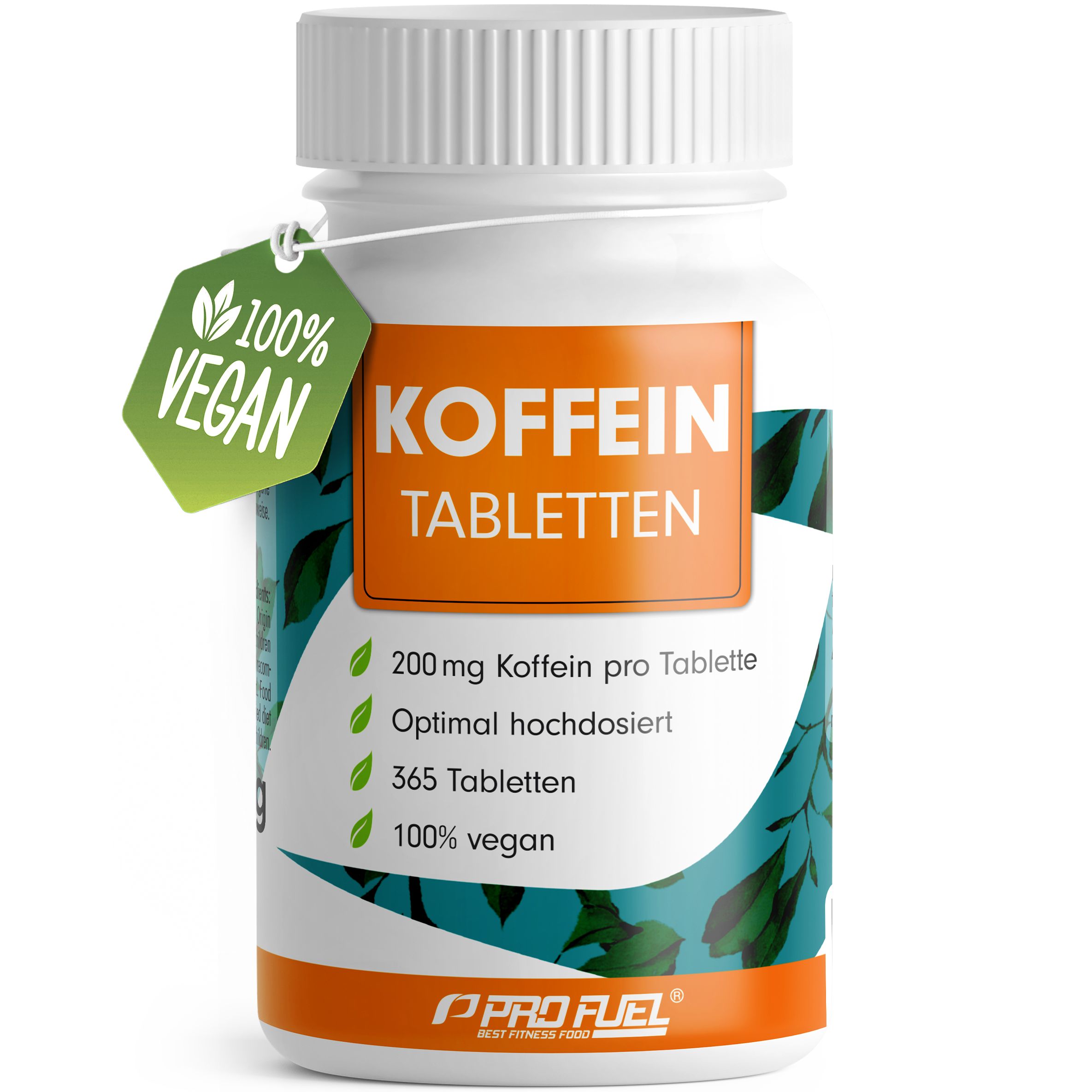 Weiße Flasche KOFFEIN Tabletten mit grünem Anhänger. 200mg Koffein pro Tablette. 365 Tabletten. Vegan.