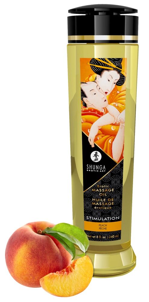Massageöl-Flasche mit Etikett, Abbildung von Personen, Pfirsich daneben. Text: Shunga Erotic Art, Erotic Massage Oil.