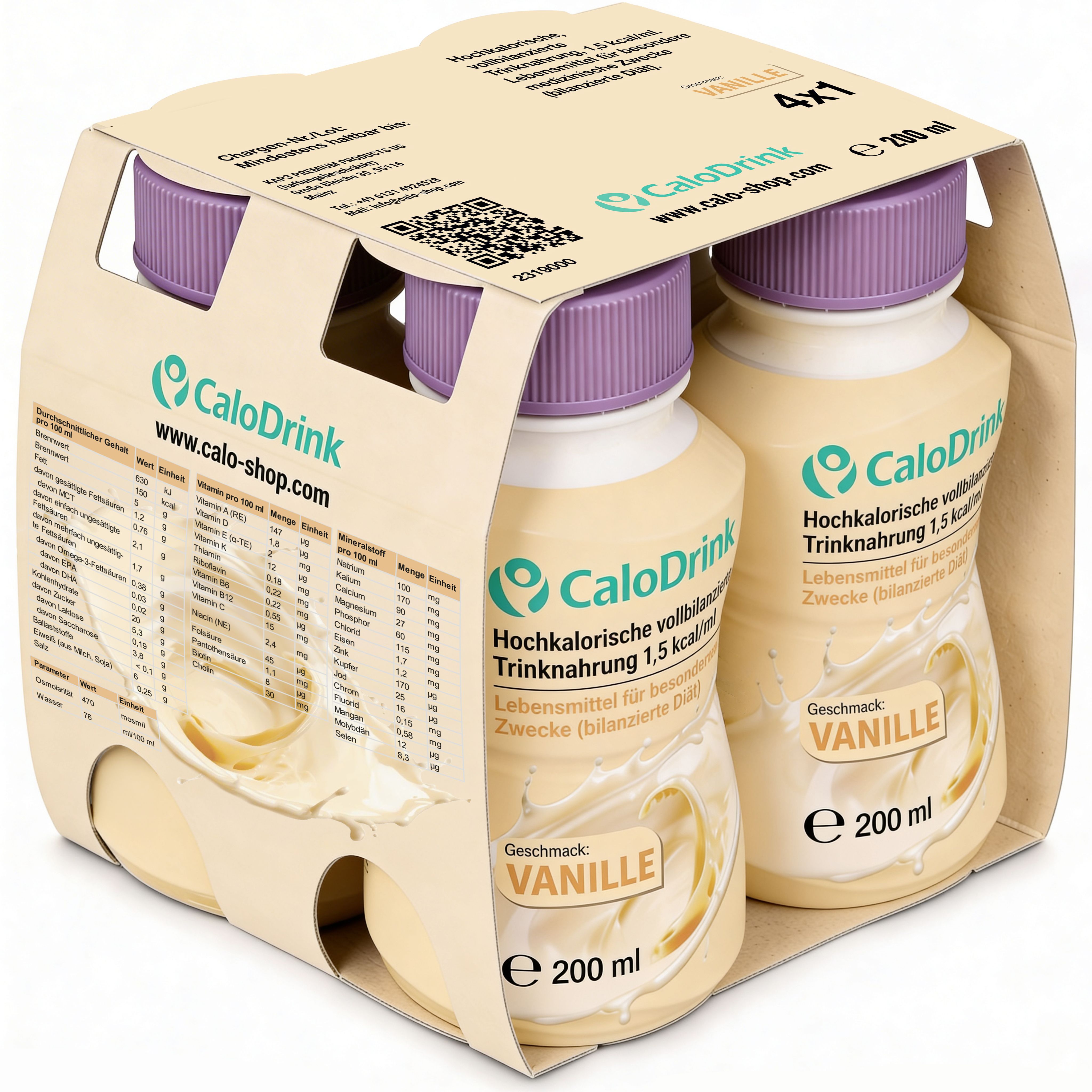 Zwei Flaschen in einer Verpackung. Aufschrift: CaloDrink, Vanille. 200 ml. Nährwertangaben. Logo. 4x1.