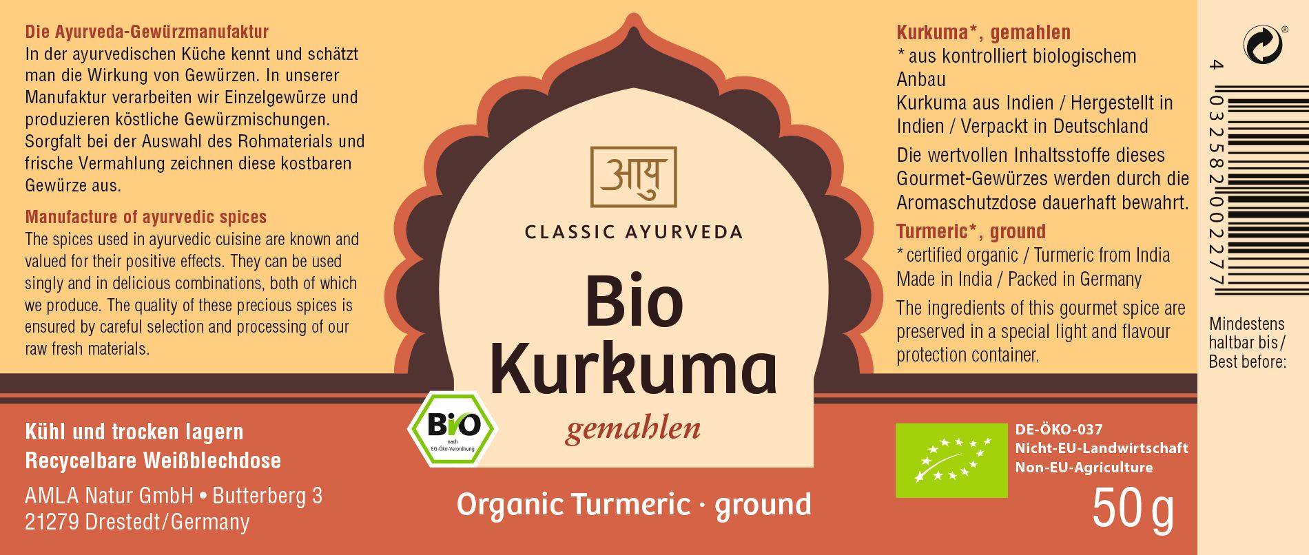 Etikett mit Text und Logo. Aufschrift: Classic Ayurveda Bio Kurkuma gemahlen. Bio-Siegel. 50g.