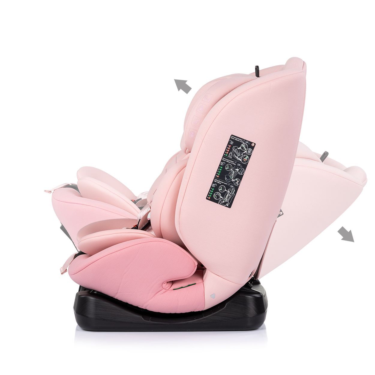 Rosa Kindersitz mit verstellbarer Kopfstütze, 5-Punkt-Gurt und Neigungsanzeige.