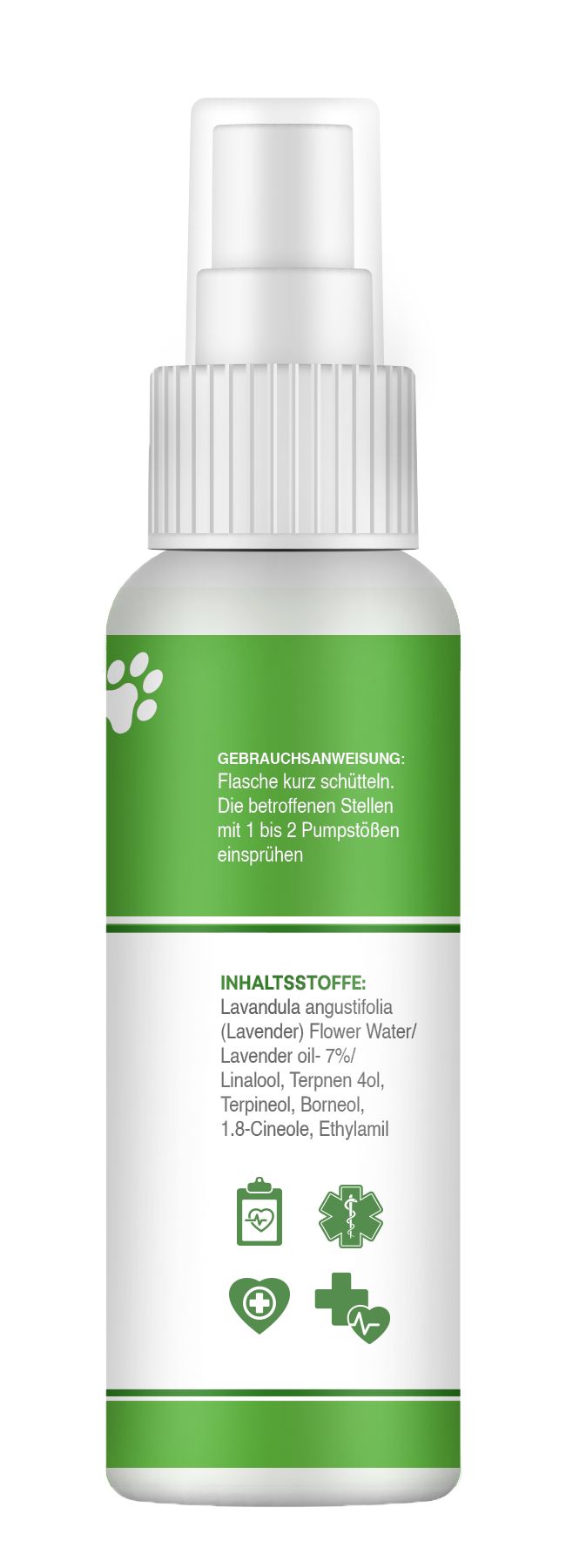 Rückseite des Sprays. Text: Gebrauchsanweisung, Inhaltsstoffe (Lavendel, Linalool, etc.). Symbole: Erste Hilfe, Gesundheit.