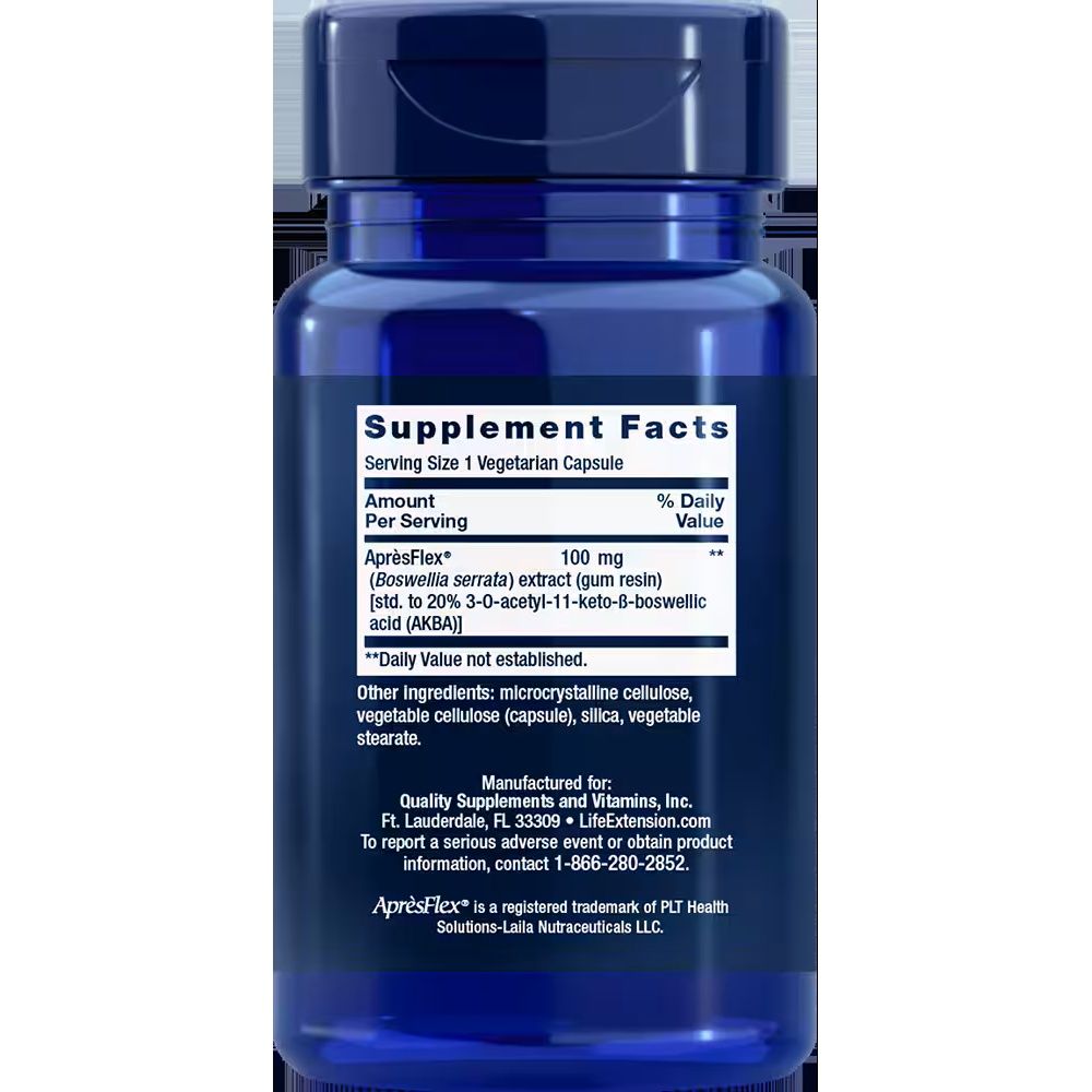 Rückseite einer blauen Flasche mit Nahrungsergänzungsmitteln, die die Inhaltsstoffangaben zeigt.