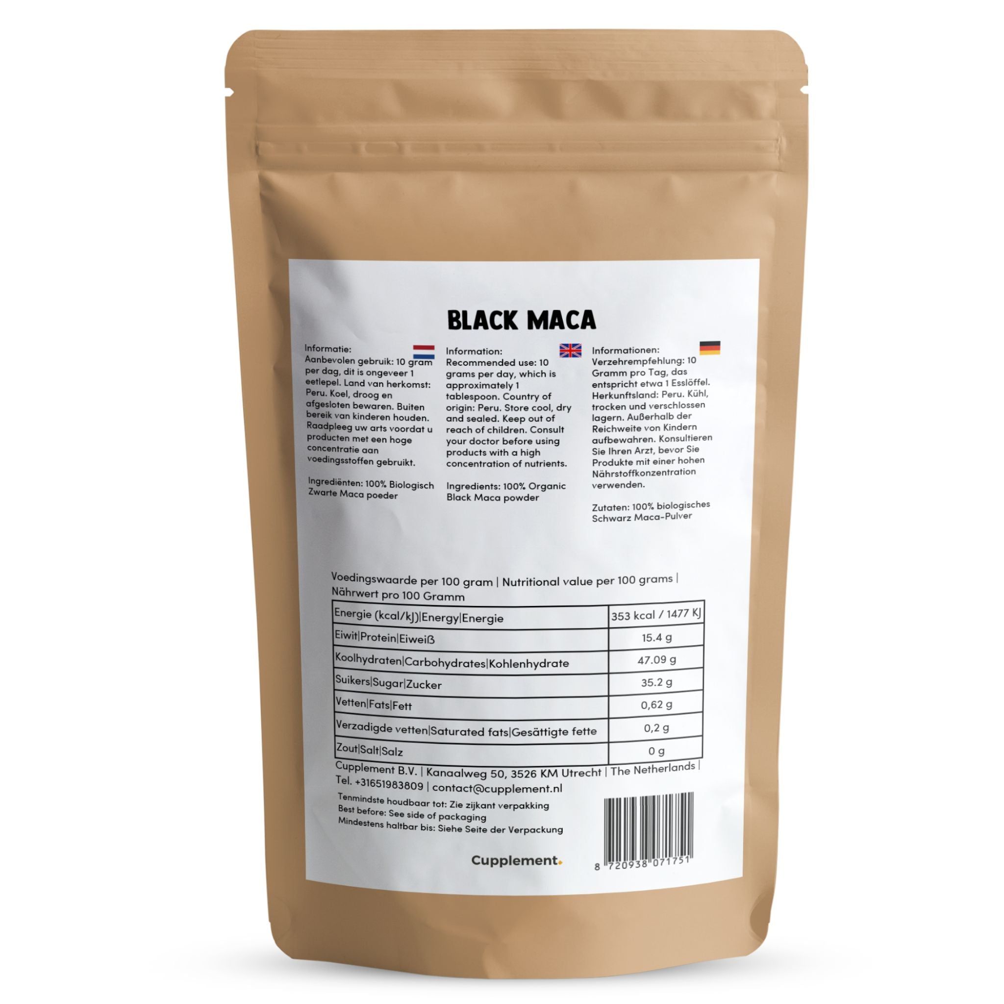 Beutel mit schwarzem Maca-Pulver. Rückseite mit Nährwertangaben und Text in mehreren Sprachen.