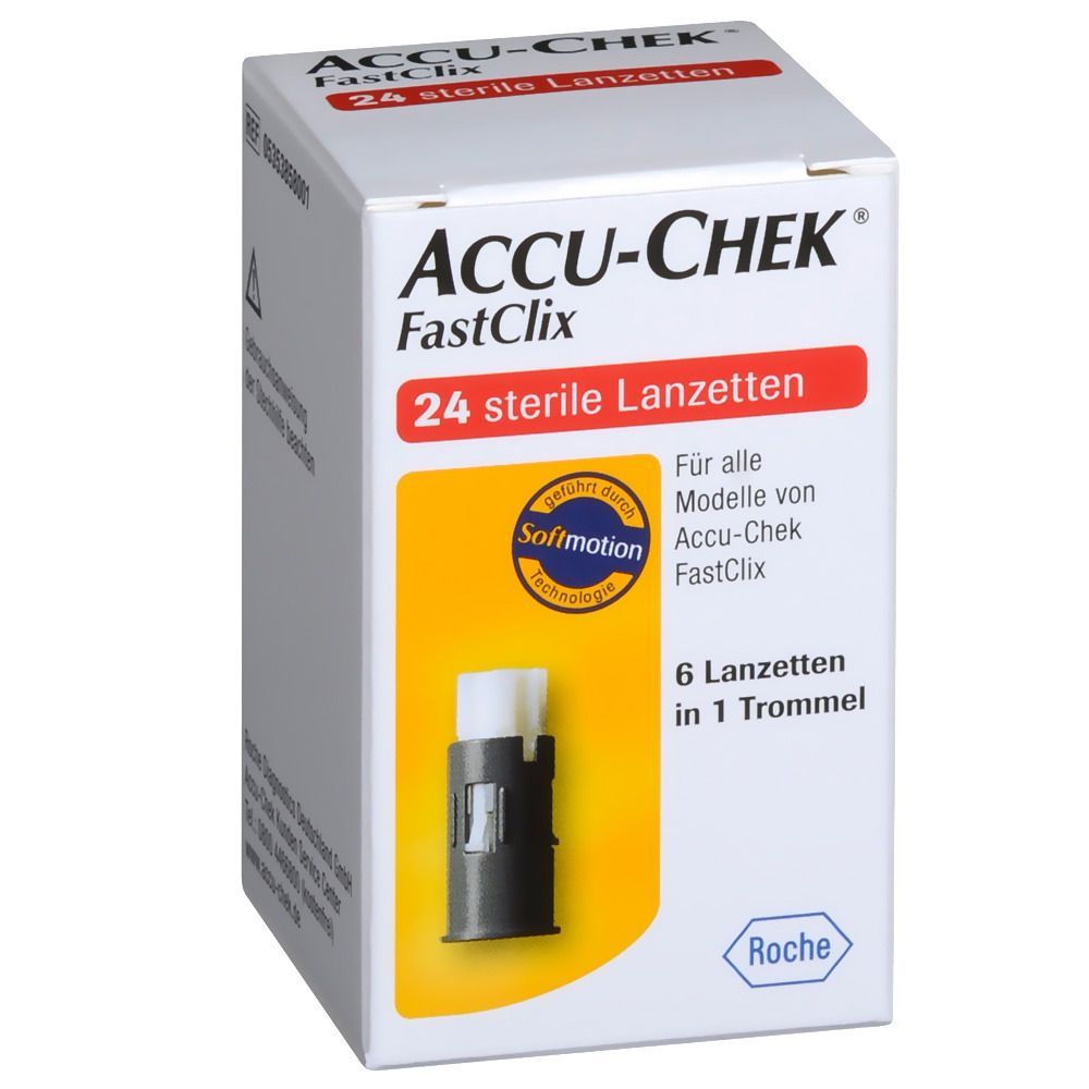 Schachtel mit ACCU-CHEK FastClix Lanzetten. 24 sterile Lanzetten. Enthält 6 Lanzetten pro Trommel.