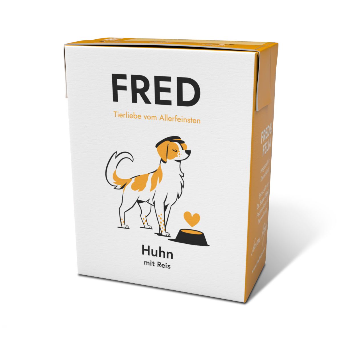 Verpackung mit "FRED"-Logo und Hund-Illustration. Text: "Huhn mit Reis".