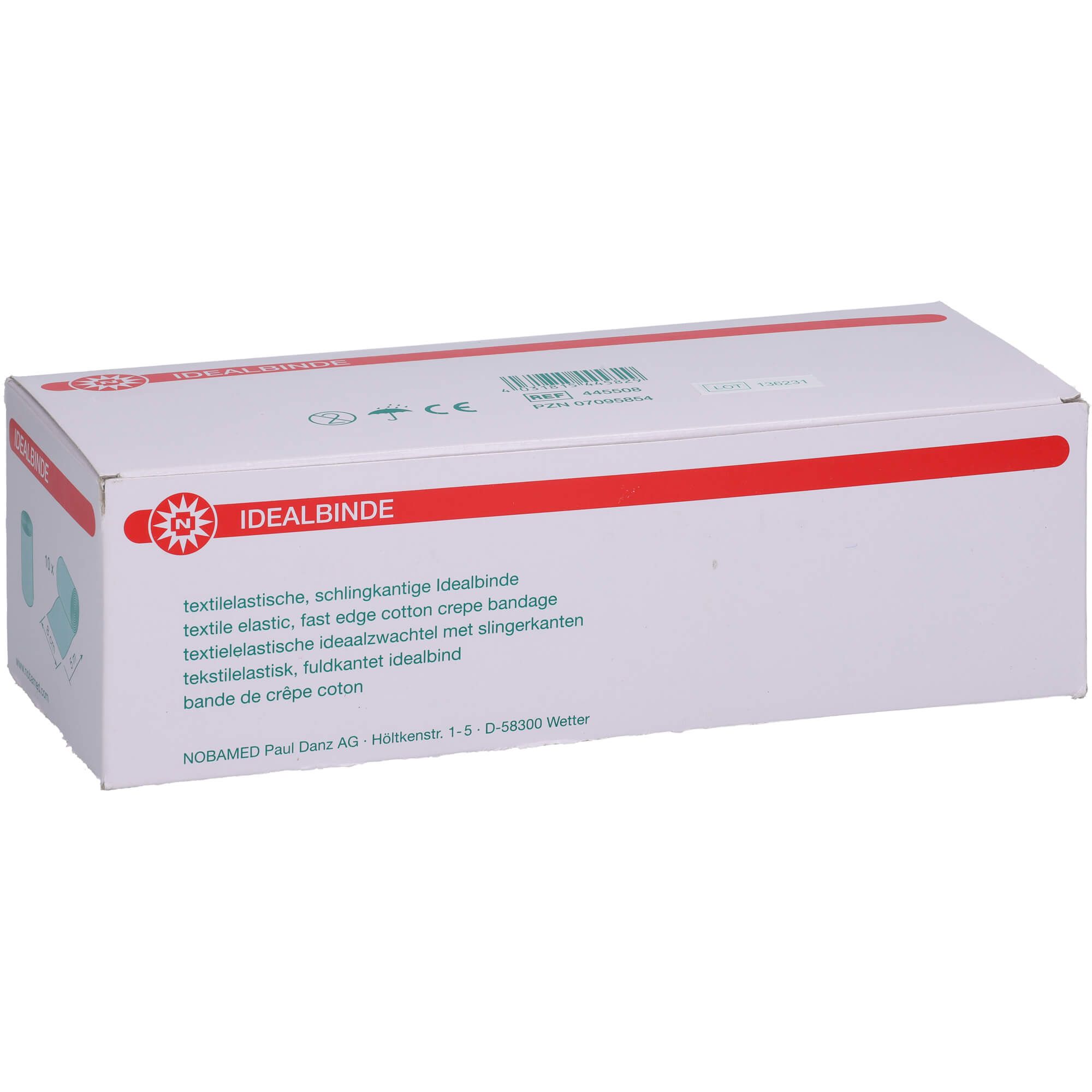 Weiße Verpackung mit roter Linie und Schriftzug IDEALBINDE. Text in mehreren Sprachen. Produktname und Hersteller.