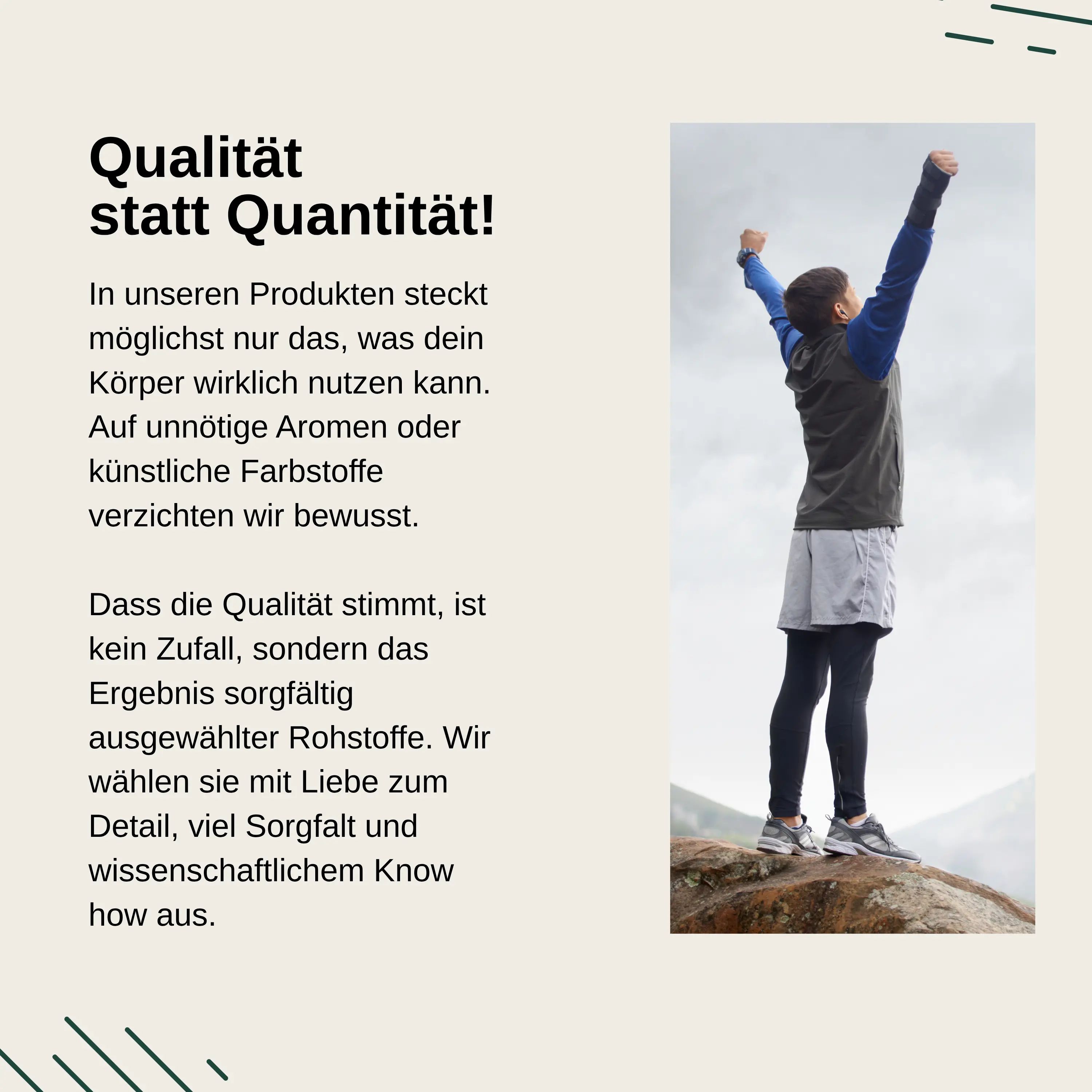 Mann mit erhobenen Armen auf einem Felsen, symbolisiert Vitalität und Wohlbefinden.
