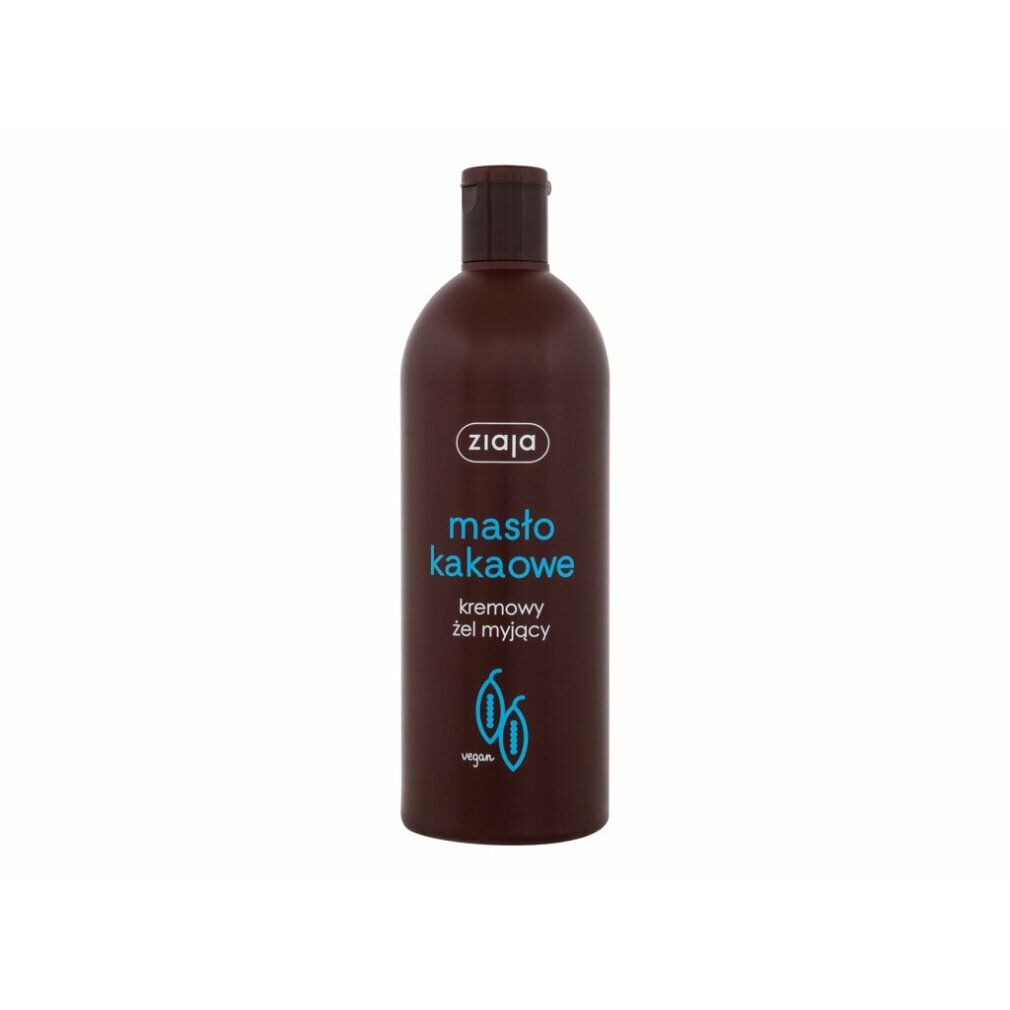 Braune Flasche mit blauem Etikett. Aufschrift: Ziaja, masło kakaowe, kremowe żel myjący. Vegan-Logo. Abbildung von Kakaobohnen.