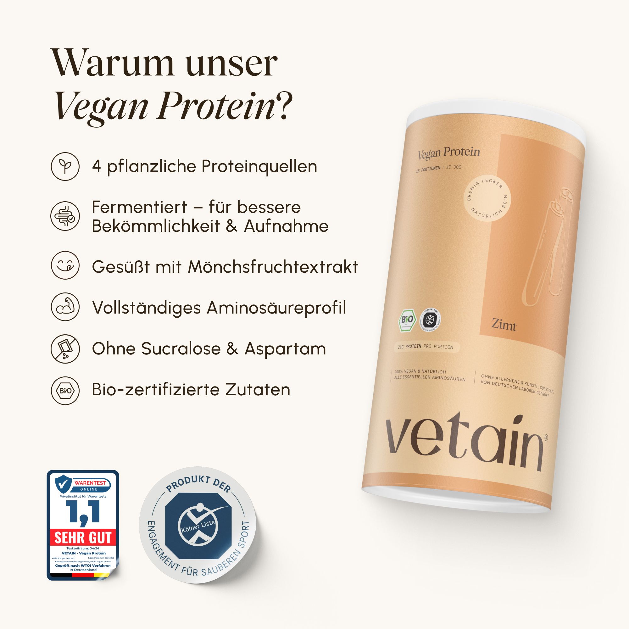 Warum Vetain Vegan Protein? 4 pflanzliche Proteinquellen, fermentiert, gesüßt mit Mönchsfruchtextrakt, ohne Sucralose/Aspartam, Bio-zertifiziert.