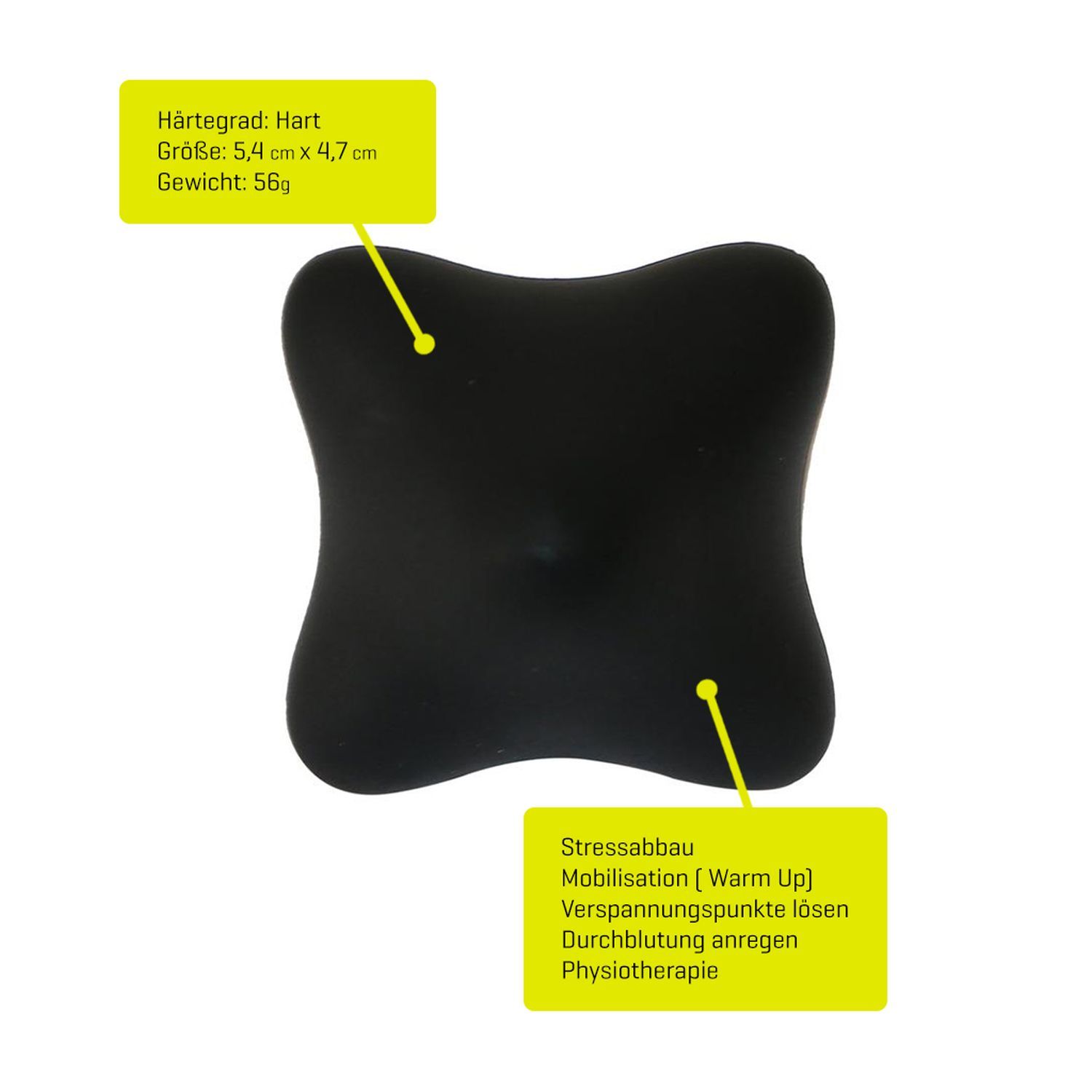 Schwarze, vierblättrige Form mit Größenangaben und Text. Härtegrad: Hart. Material: PVC.