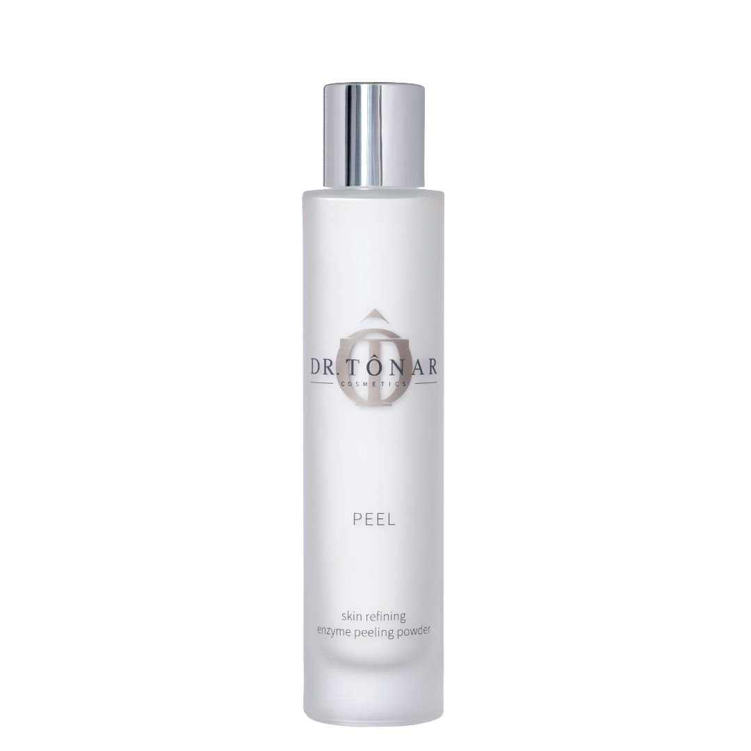 Zylindrische Flasche mit silbernem Deckel. Aufschrift: Dr. Tonar, PEEL, skin refining enzyme peeling powder.