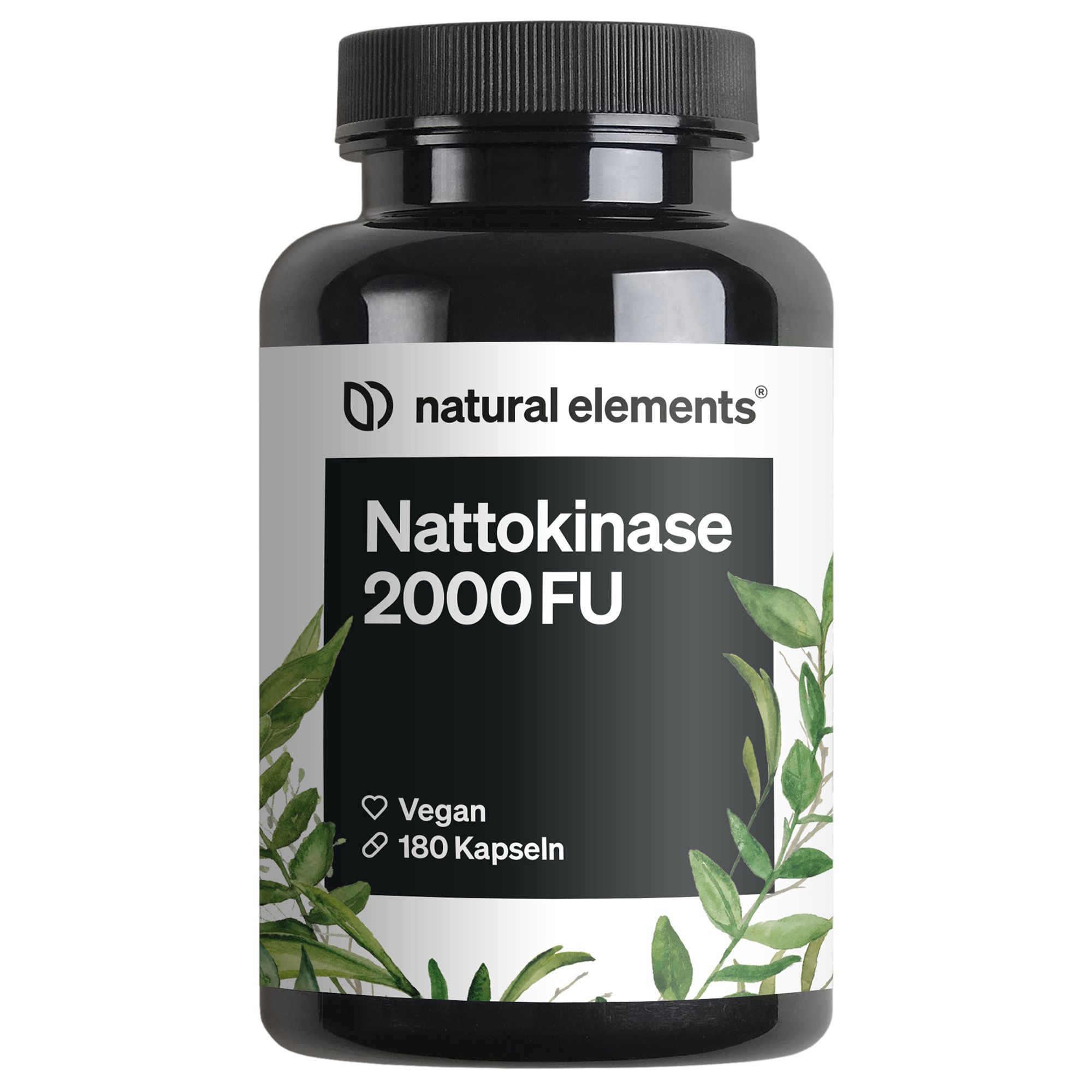 Schwarze Flasche mit weißem Etikett. Aufschrift: Nattokinase 2000 FU, 180 Kapseln, vegan. Marke: natural elements.