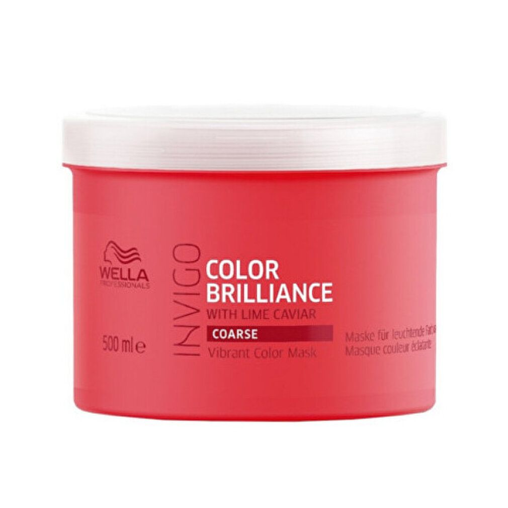 Rote Dose mit weißem Deckel. Aufschrift: Wella Invigo Color Brilliance, 500ml. Für dickes coloriertes Haar.