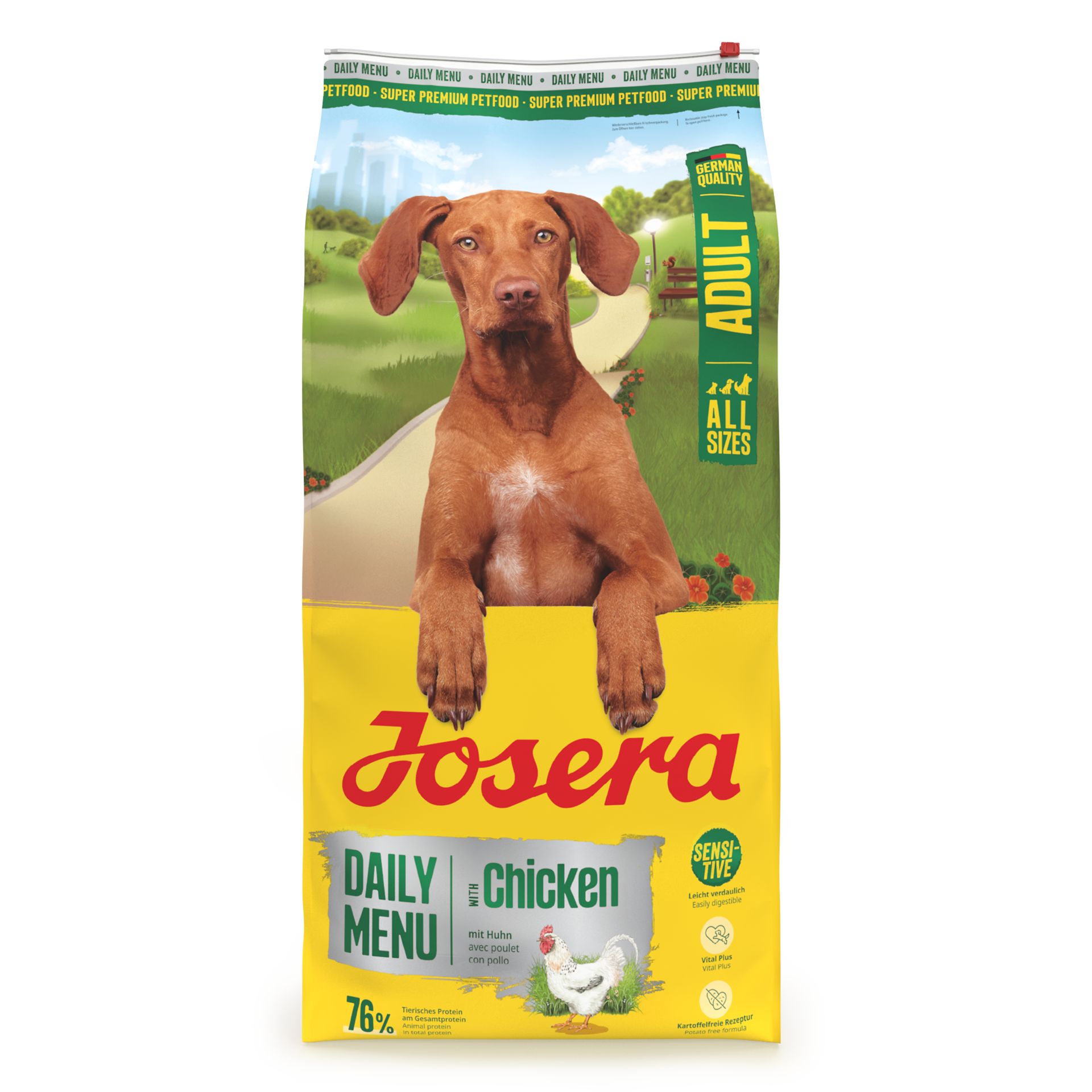 Josera Daily Menu Adult Chicken Hundefutter-Sack mit Hund und Huhn-Illustration.