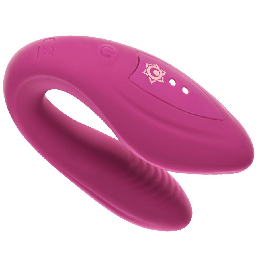 Lila Vibrator mit U-Form. Drei Kontrollleuchten. Goldfarbenes Symbol. Knöpfe.