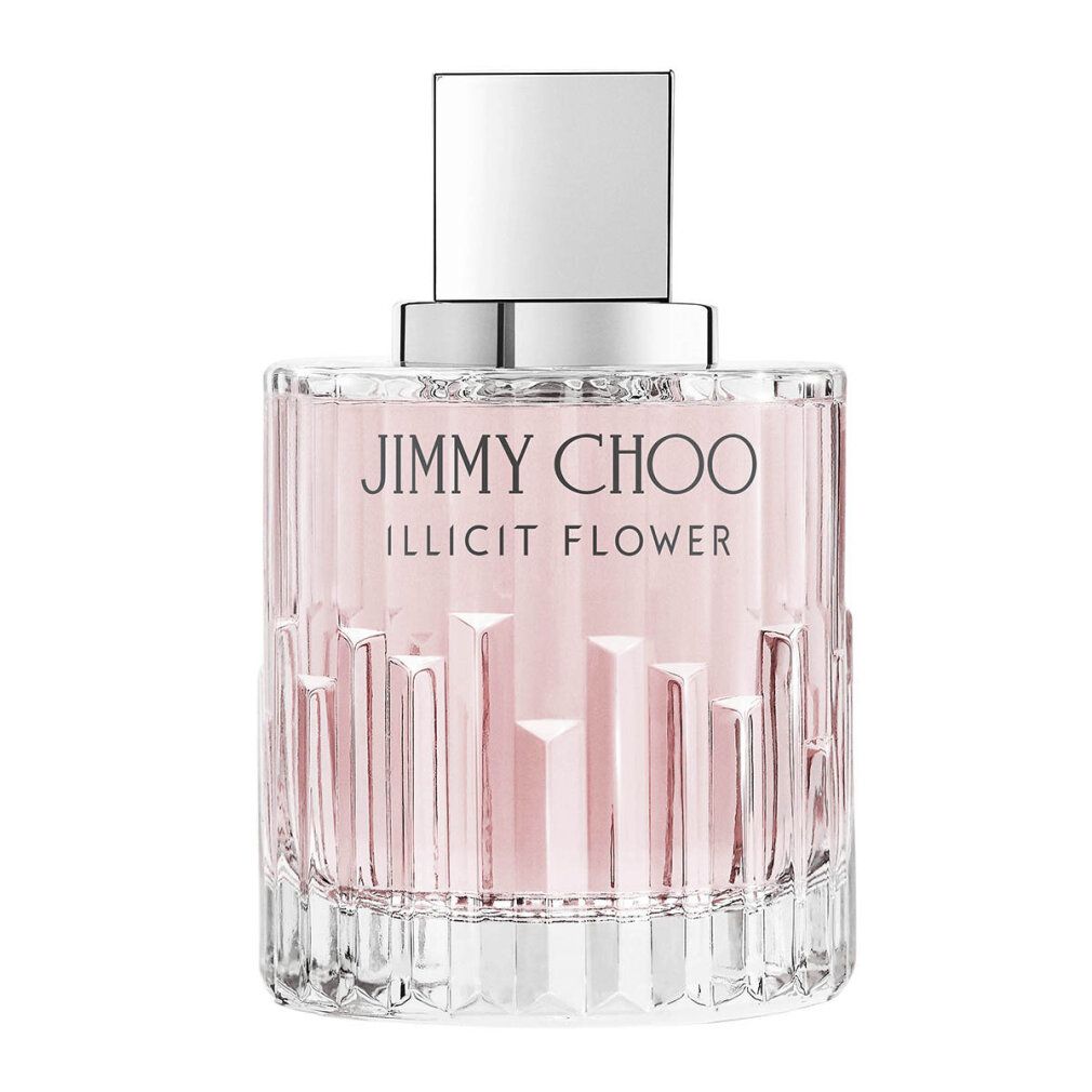 Jimmy Choo Illicit Flower Flakon. Rosa Flüssigkeit, silberner Verschluss. Geriffeltes Glasdesign.