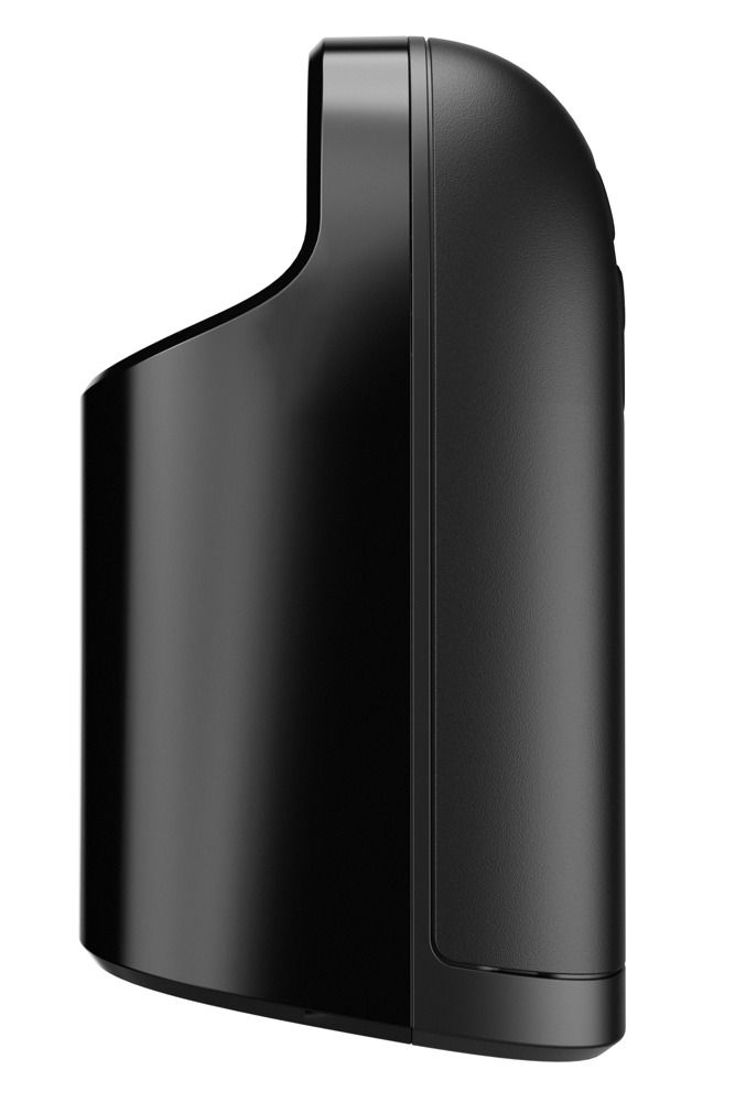 Schwarzes, rechteckiges Gerät mit abgerundeten Kanten. Seitliche Ansicht.