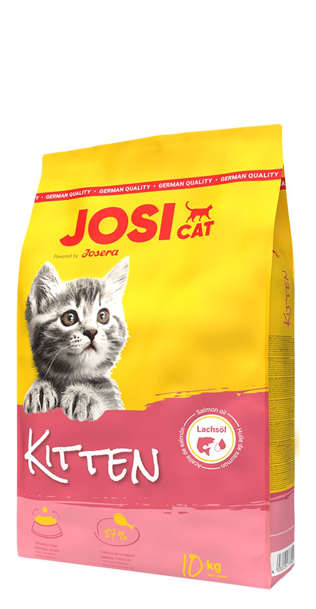 JosiCat Kitten Katzenfutter, 10 kg Beutel mit Lachsöl-Symbol.