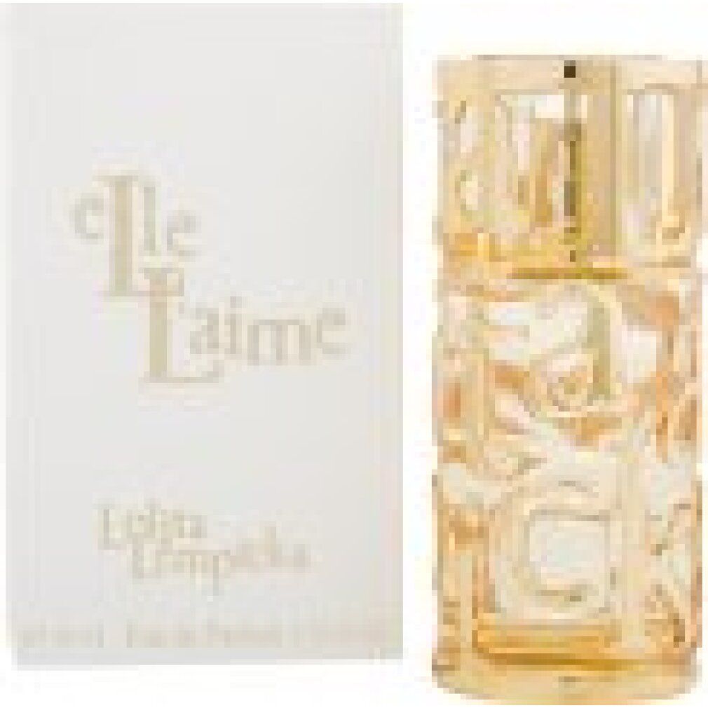 Goldfarbener Flakon und weiße Schachtel mit "Elle l'aime" und "Lolita Lempicka" Schriftzug.