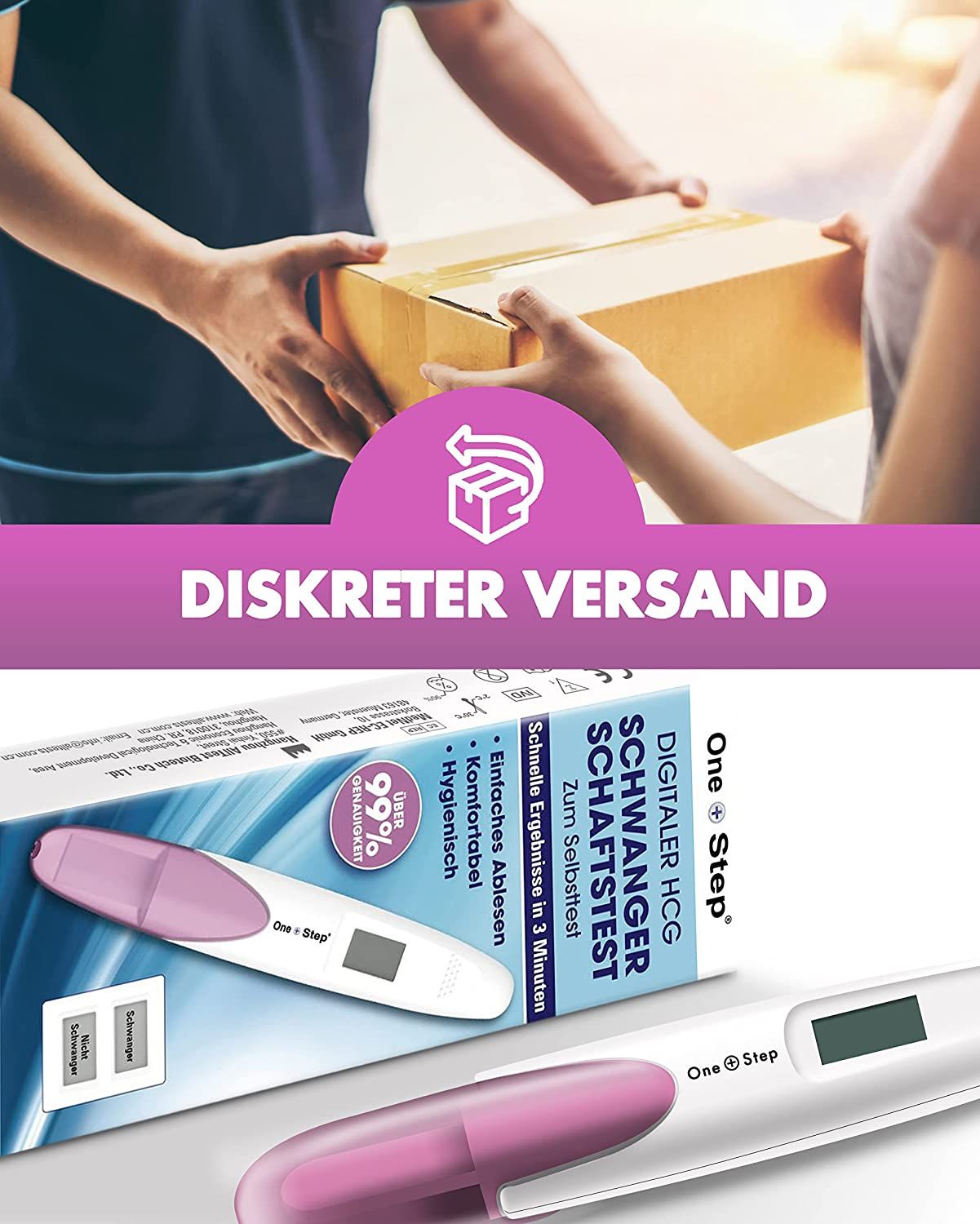 Diskreter Versand. Person übergibt Paket. Verpackung und Testgerät. Anzeige "schwanger" oder "nicht schwanger".