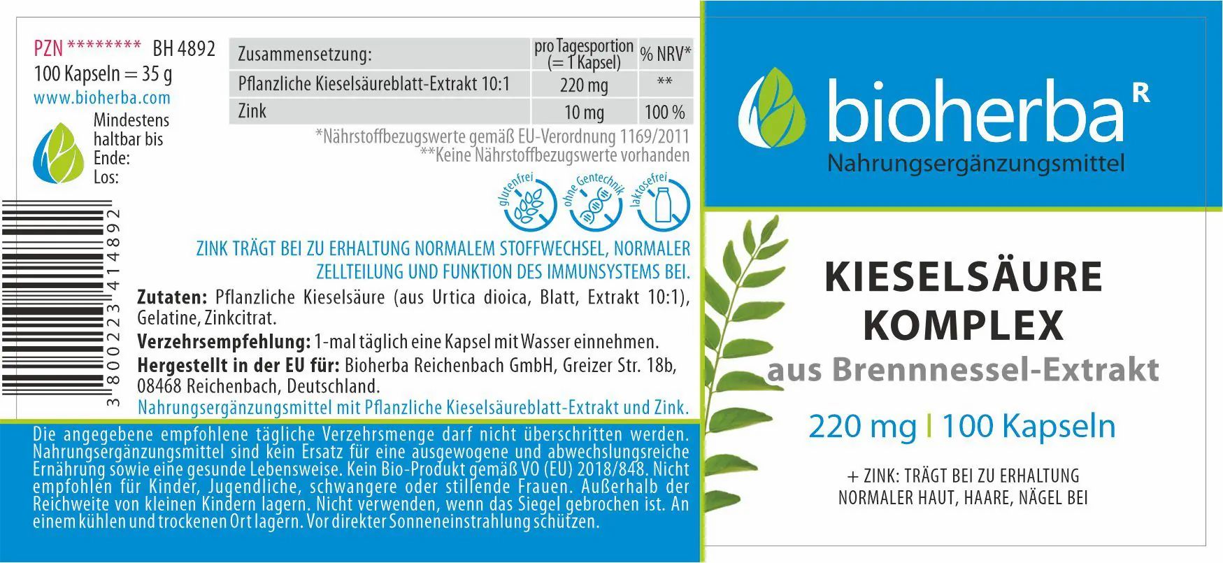 Bioherba KieselSäure Komplex Kapseln mit Brennnesselextrakt, 100 Kapseln.