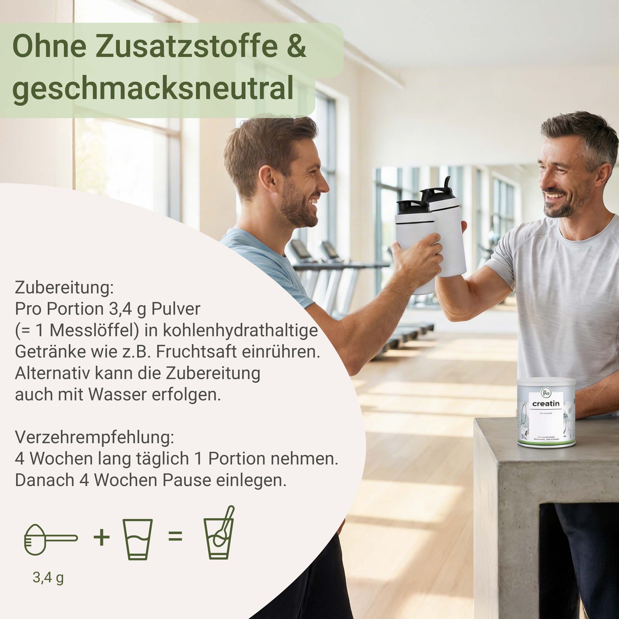 Zwei Männer in einem Fitnessstudio. Text: "Ohne Zusatzstoffe & geschmacksneutral". Anweisungen zur Zubereitung und Verzehrempfehlung. Dose "creatin".