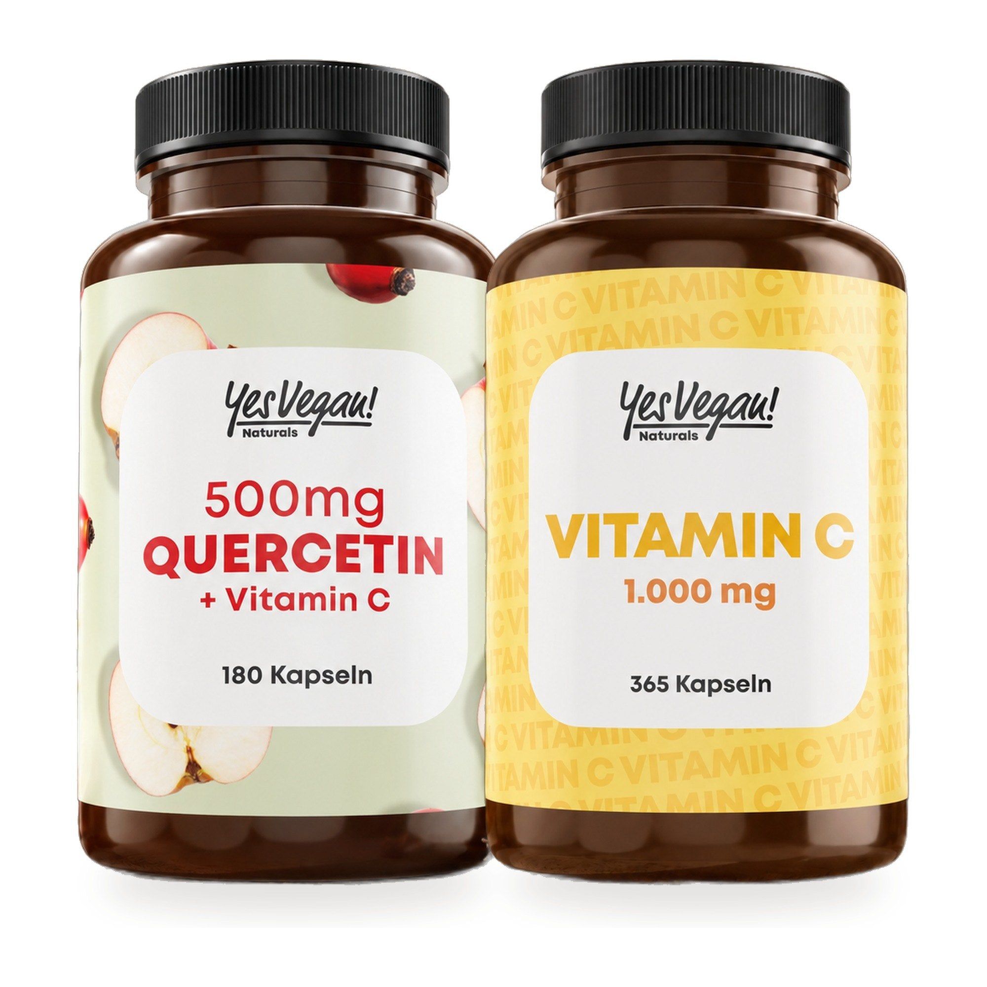 Zwei Flaschen Yes Vegan! 500mg Quercetin + Vitamin C (180 Kapseln) und Vitamin C 1.000 mg (365 Kapseln).