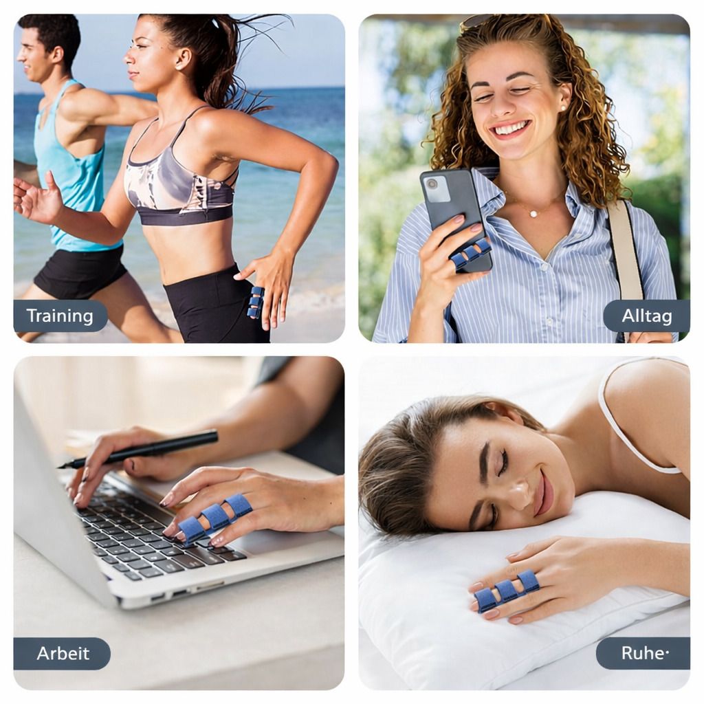 Fingerschiene in verschiedenen Alltagssituationen: Training, Alltag, Arbeit, Ruhe. Gezeigt an Händen, die verschiedene Aktivitäten ausführen.