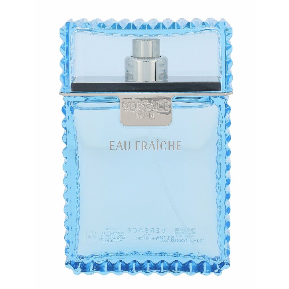 Hellblaues Eau Fraiche-Parfümflakon mit silbernem Verschluss. Der Flakon hat eine blaue, gezackte Umrandung.