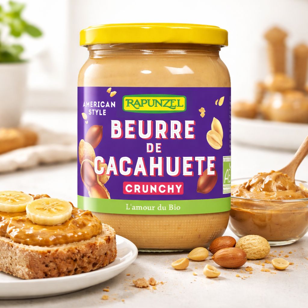 Rapunzel Erdnussbutter Crunchy im Glas. Amerikanischer Stil, Bio-zertifiziert.