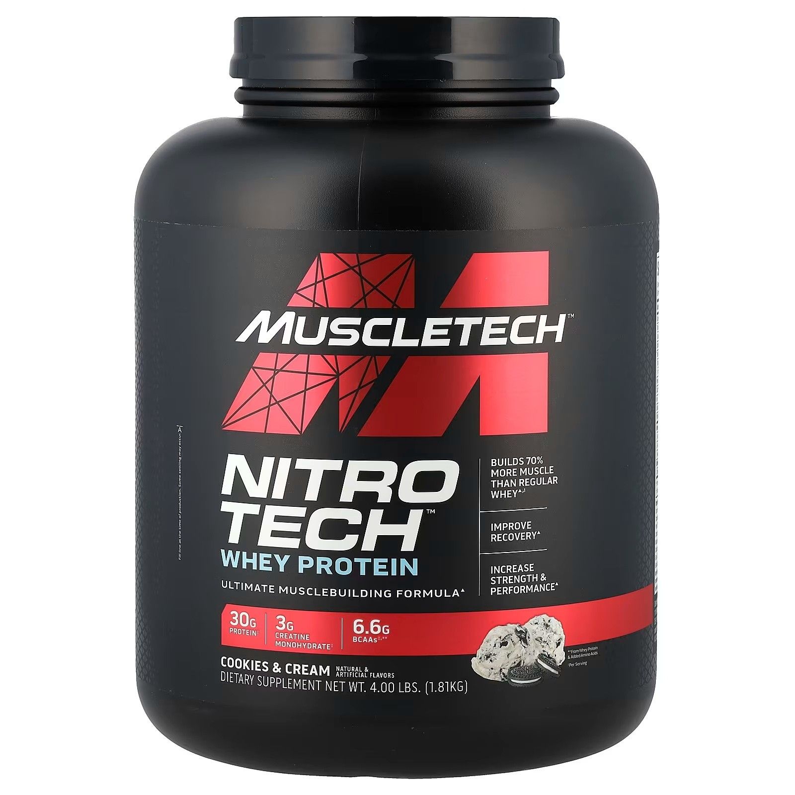 Schwarze Dose mit roter und weißer Aufschrift. Enthält Nitro-Tech Whey Protein, Cookies & Cream. 4.00 lbs (1.81 kg).