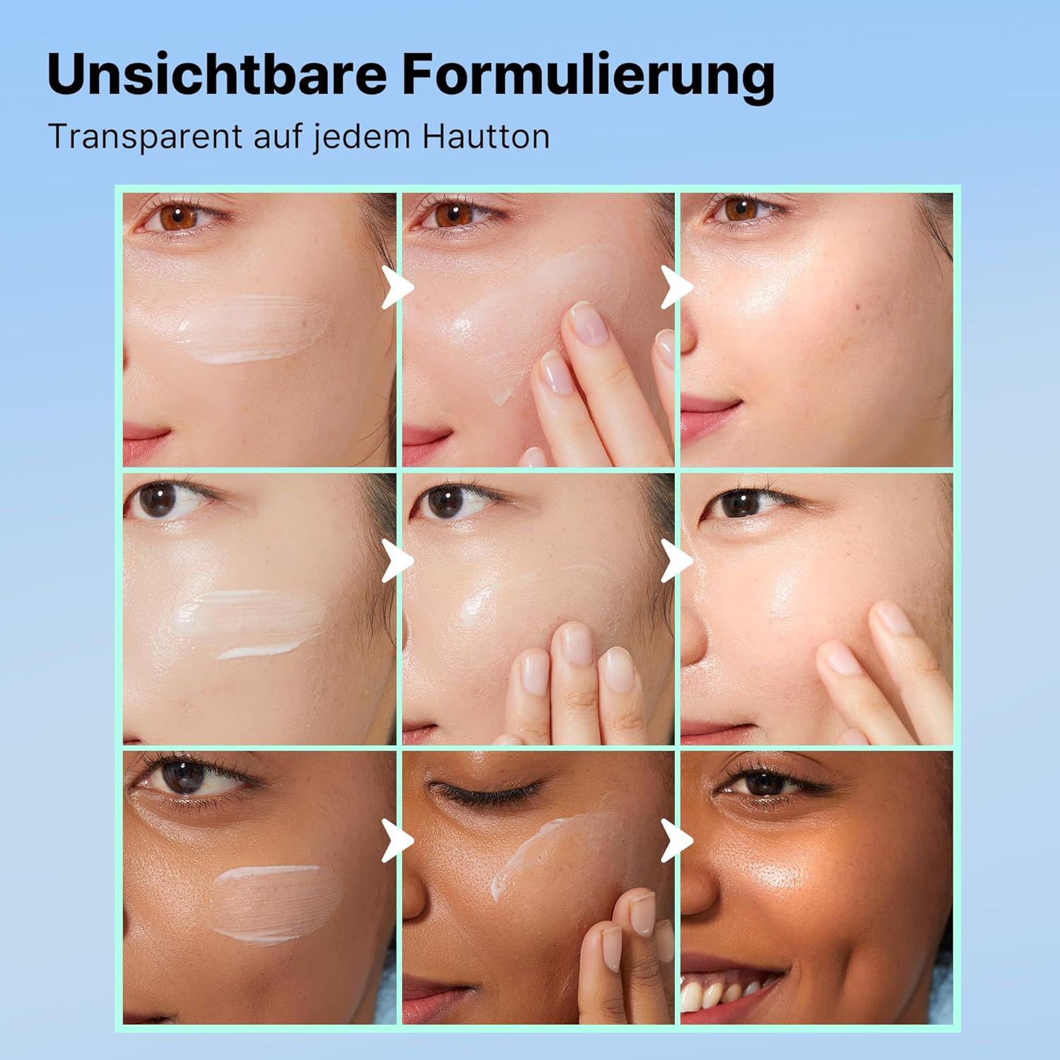 Mehrere Frauen mit Produkt. Text: Unsichtbare Formulierung, transparent auf jedem Hautton. Produkt: Tube, SPF 50, COSRX.