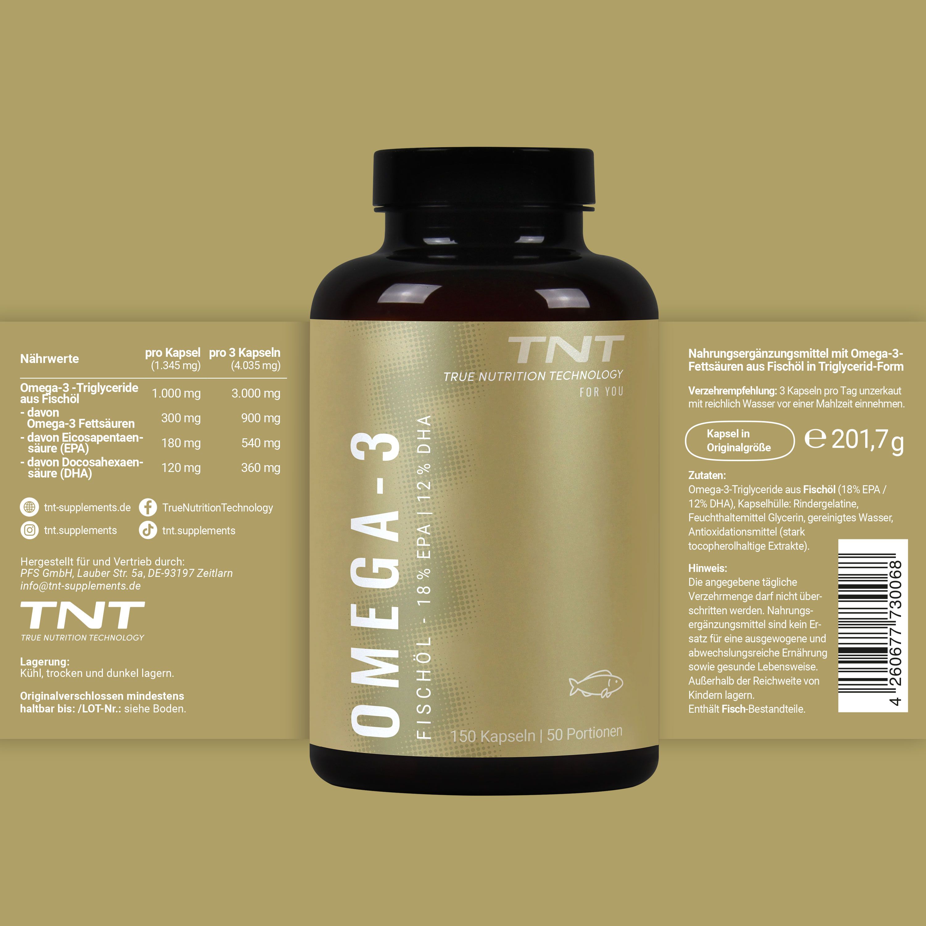 Braune Flasche Omega-3 Fischöl mit detailliertem Etikett, Nährwertangaben und Produktinformationen.