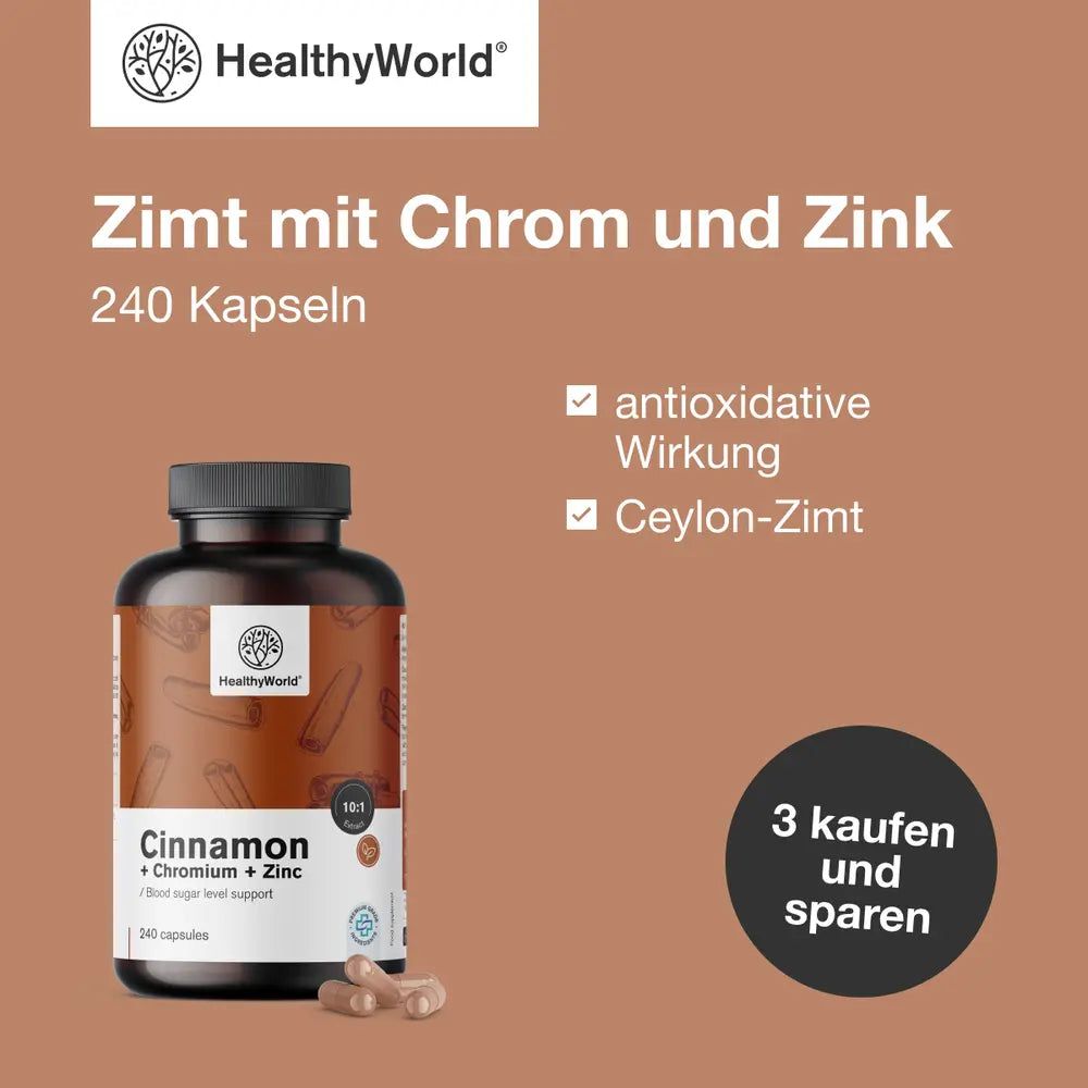 Flasche mit Kapseln. Aufschrift: Zimt mit Chrom und Zink, 240 Kapseln. Logo: HealthyWorld. Text: antioxidative Wirkung, Ceylon-Zimt. Angebot.