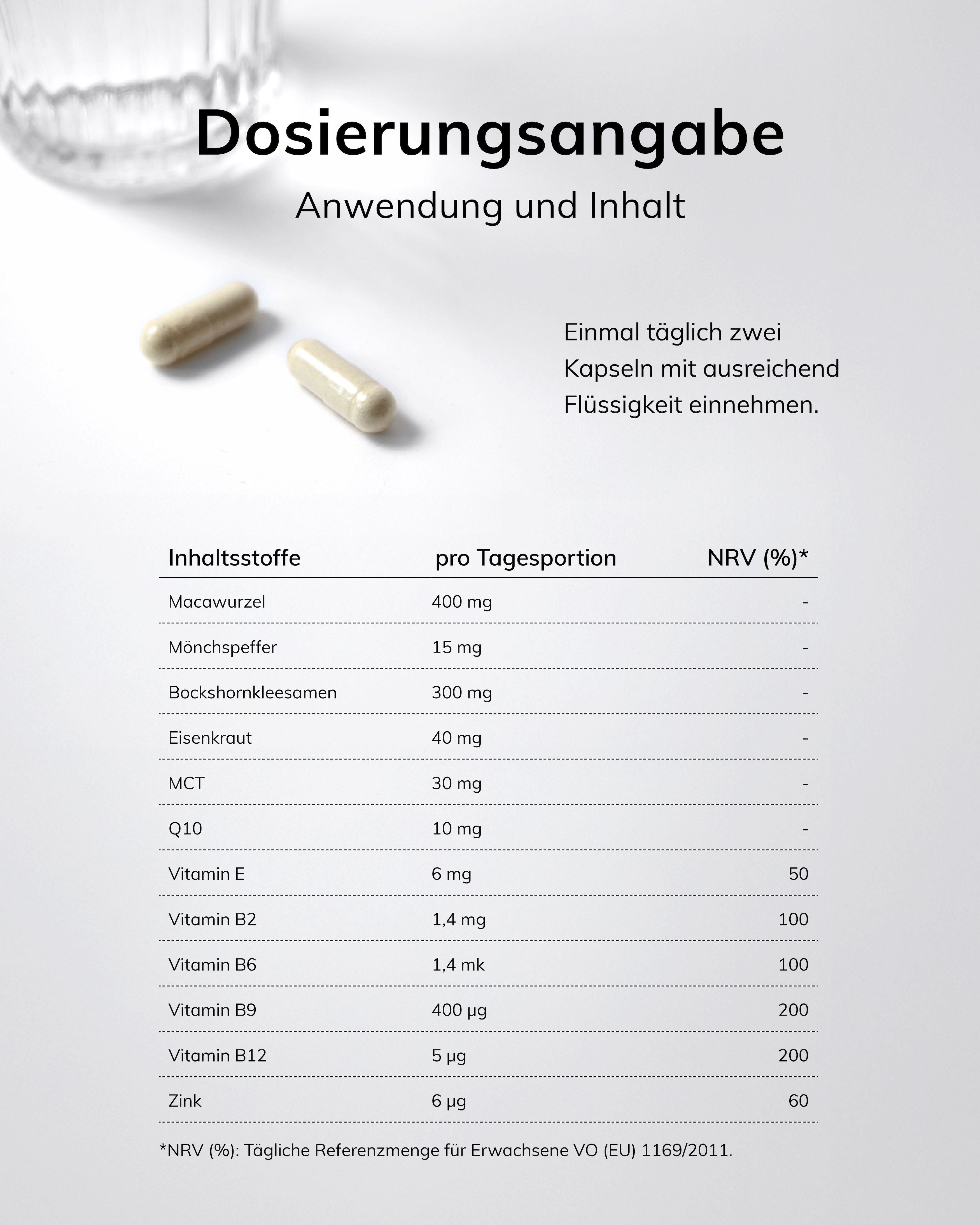 Zwei Kapseln mit Nährwertangaben und Dosierungsempfehlung.