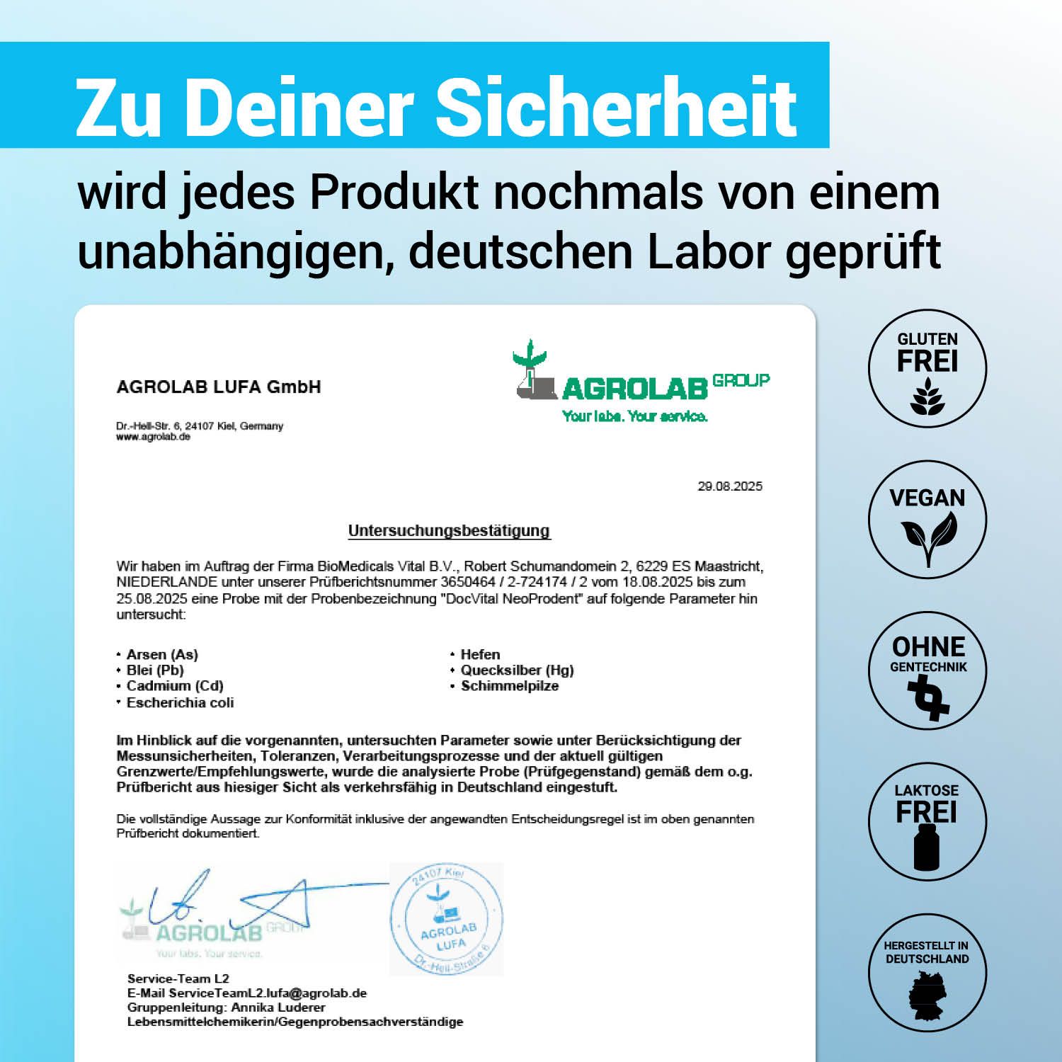 Prüfbericht für DocVital NeoProdent Lutschtabletten, Zitronengeschmack, mit Siegeln.