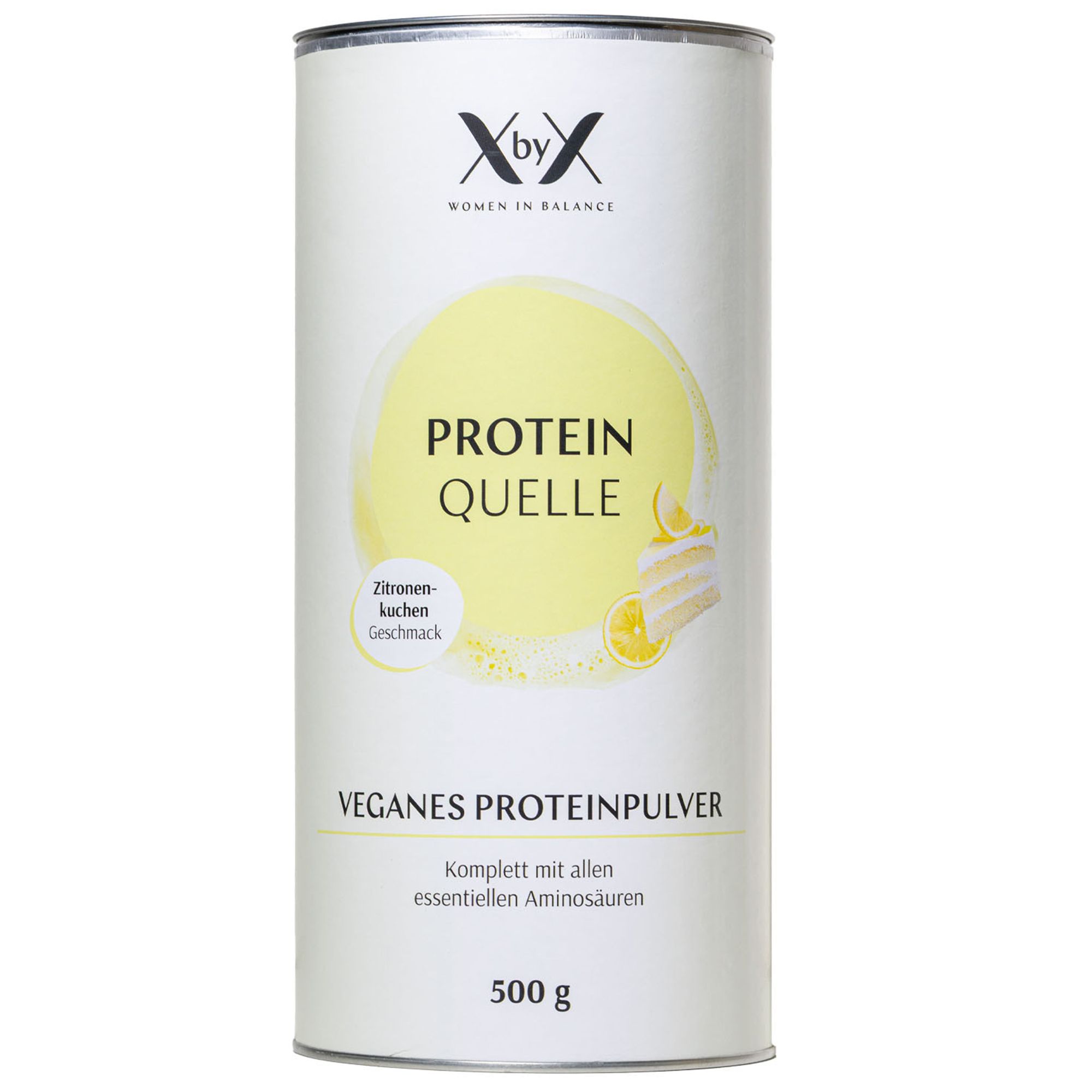 Zylindrische Dose XbyX Protein Quelle, veganes Proteinpulver, Zitronenkuchen-Geschmack. 500g.