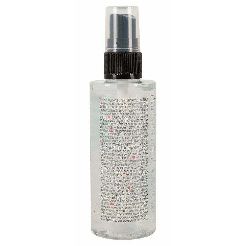 Transparente Flasche mit Sprühkopf. Rückseite mit Text. Text: Inhaltsstoffe, Gebrauchsanweisung, Herstellerinformationen, 100 ml.