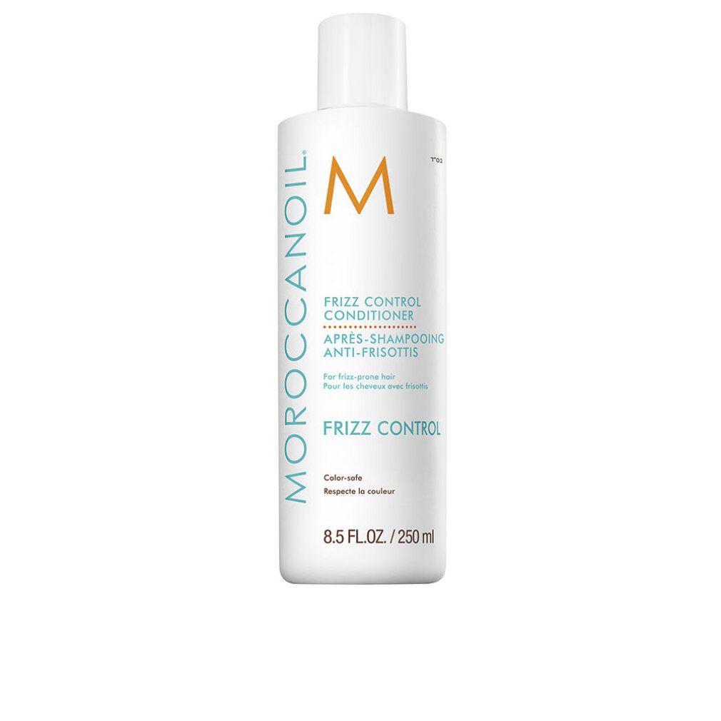 Weiße Flasche mit orangefarbenem Logo und Schriftzug. Aufschrift: Frizz Control Conditioner. 8.5 FL.OZ./250ml.