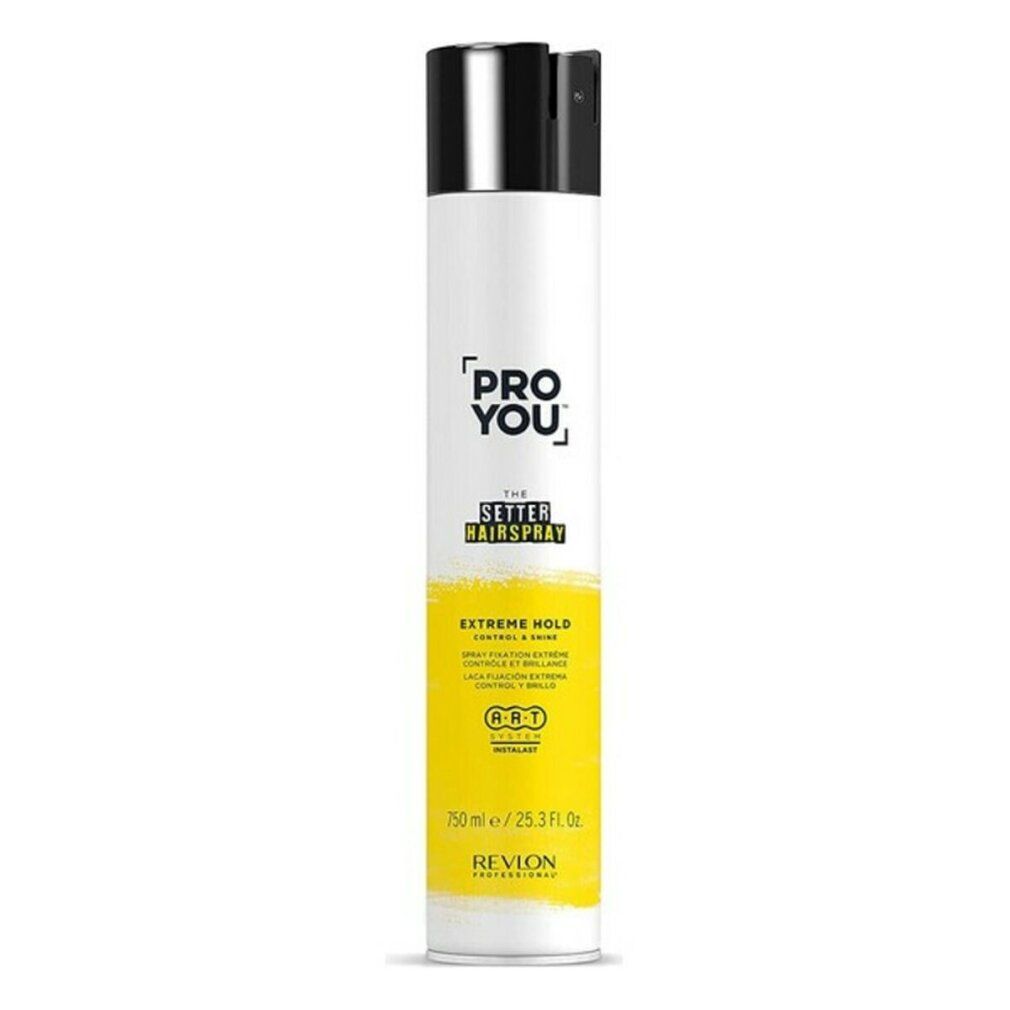 Haarspray-Dose, weiß mit schwarzem Deckel. Gelbes Etikett mit Text: PRO YOU, THE SETTER HAIRSPRAY, EXTREME HOLD. Marke: Revlon.