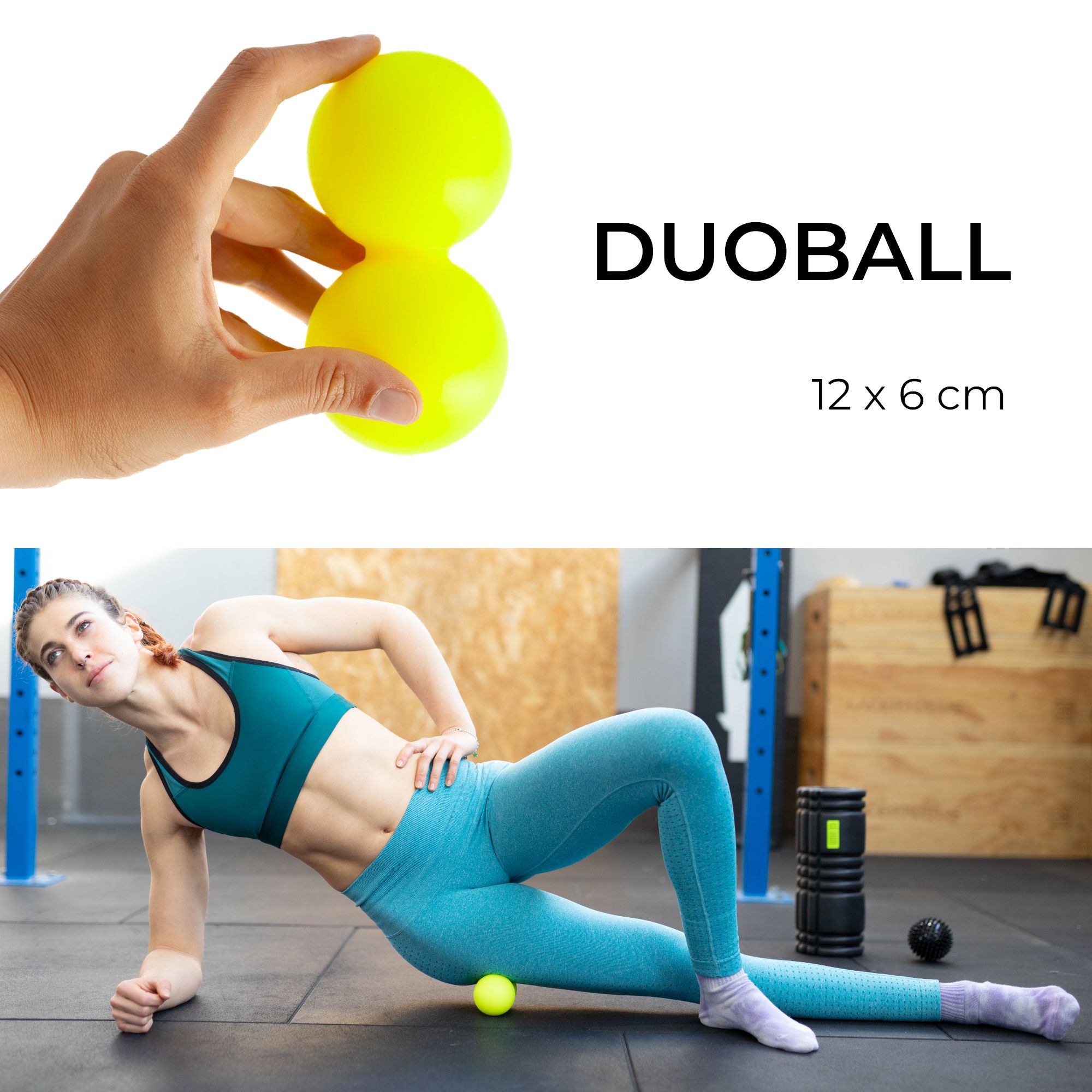 Gelber Duoball 12x6cm, verbessert Mobilität und unterstützt Regeneration.