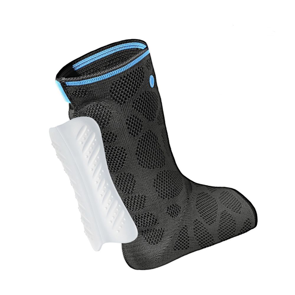Achillessehnenbandage, schwarz mit blauen Akzenten. Gelkissen daneben. Strukturierte Oberfläche. Innenansicht.