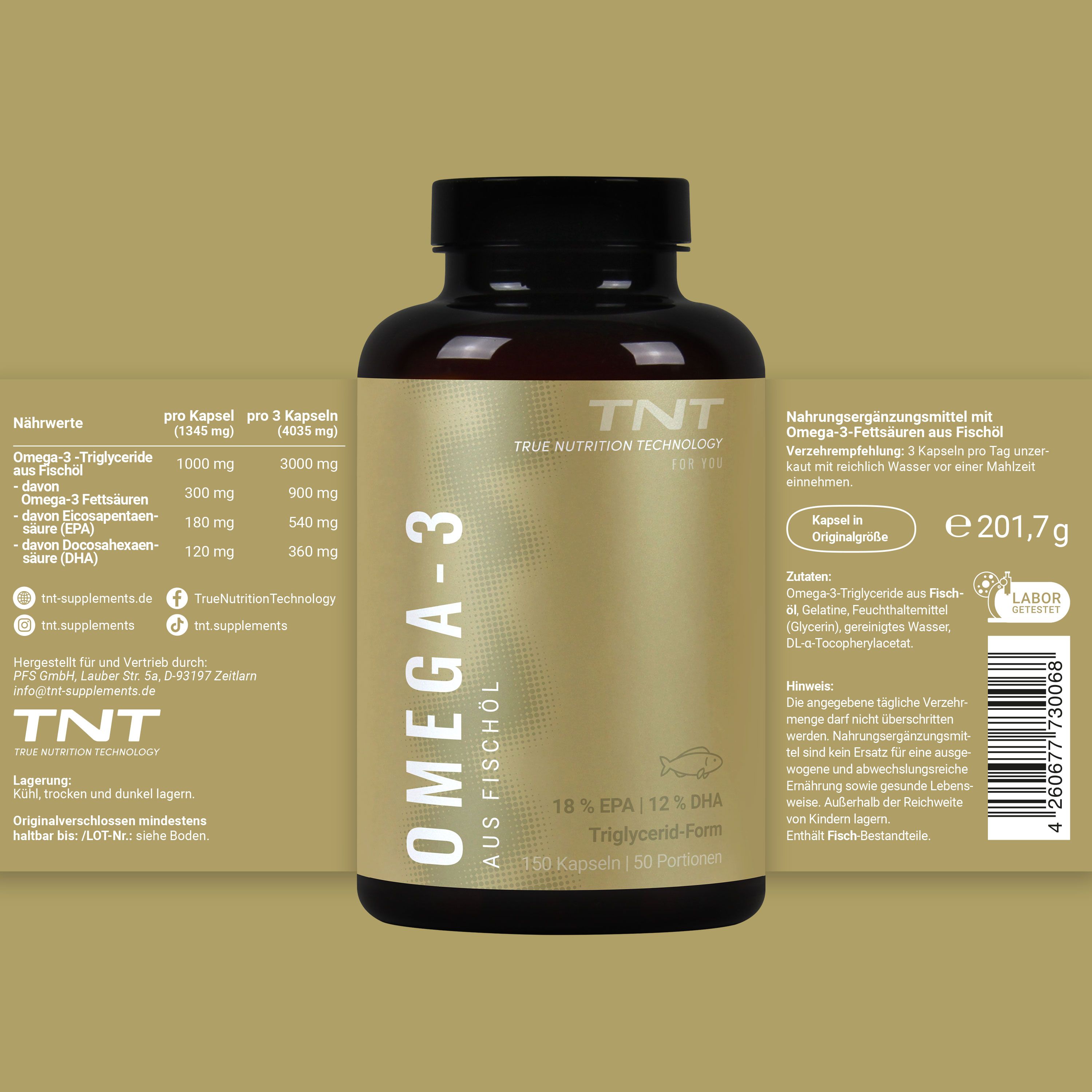 Flasche TNT Omega-3 Fischöl. Aufschrift: Omega-3 Fischöl. Text: 150 Kapseln. Etikett mit Nährwertangaben und Labor-Logo.