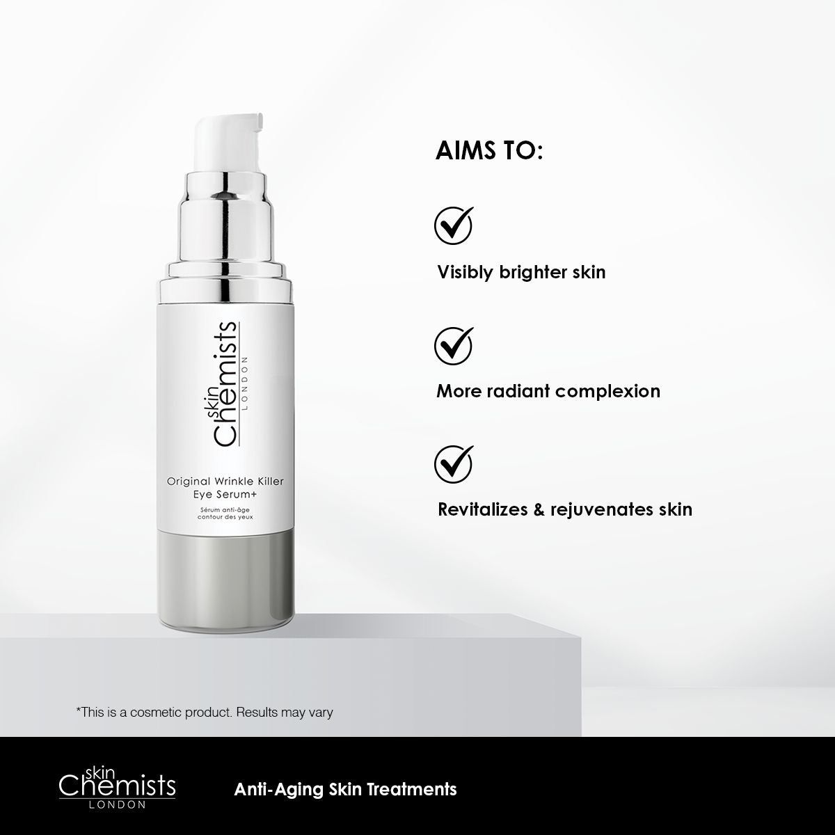 Augenserum-Flasche auf Podest. Text: SkinChemists London, Original Wrinkle Killer Eye Serum+. Ziele: hellere Haut, strahlender Teint.