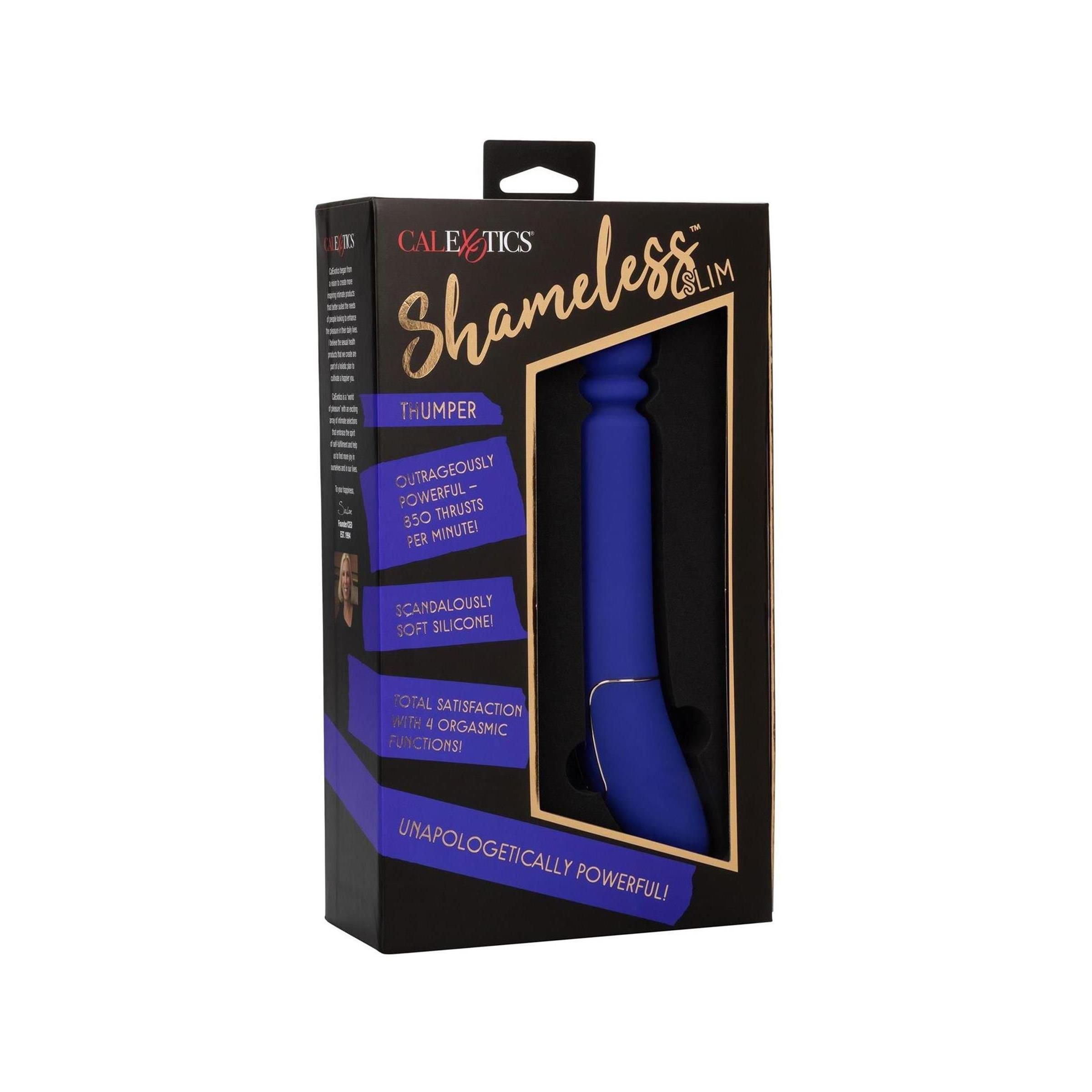 Verpackung mit blauem Vibrator. Aufschrift: CalExotics, Shameless Slim Thumper. Schwarzer Hintergrund.